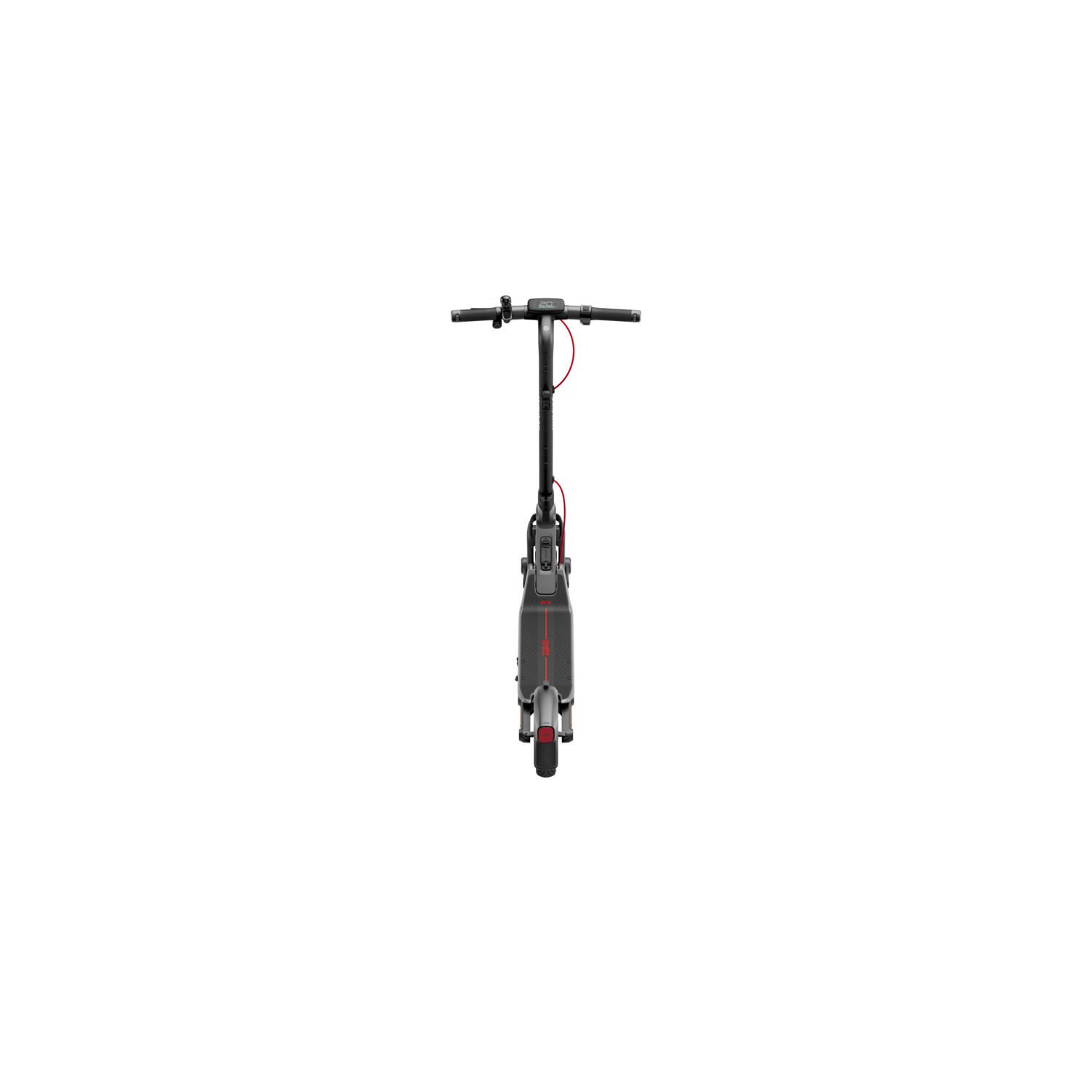 Vue de dessus d'une trottinette électrique grise et rouge sur fond blanc.