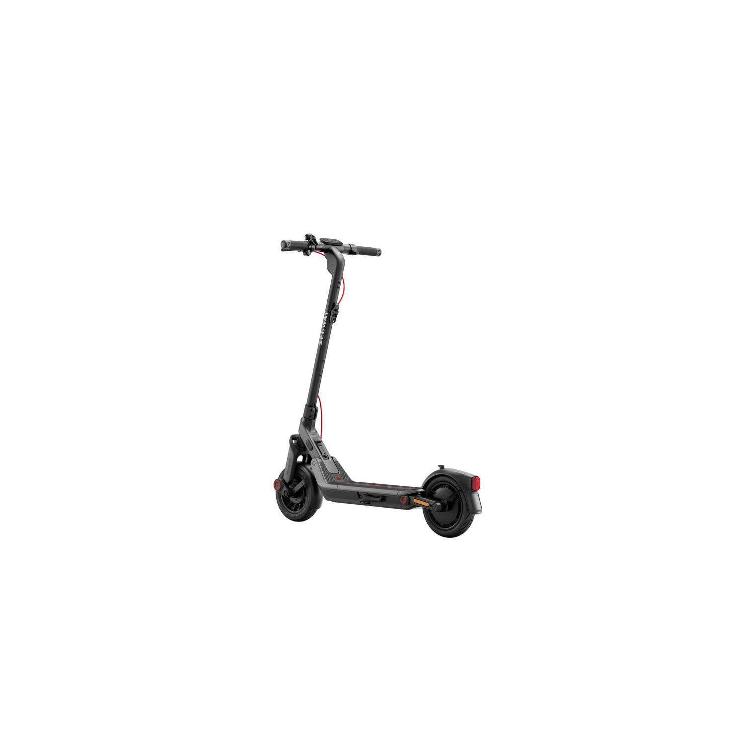A black and red electric scooter on a white background.