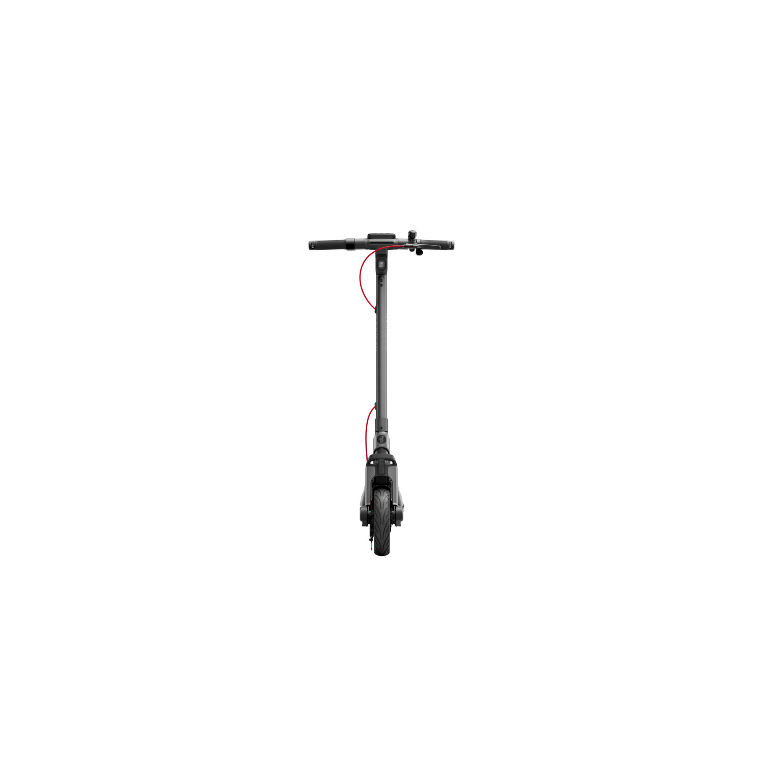 Black electric scooter, viewed from the front on a white background.