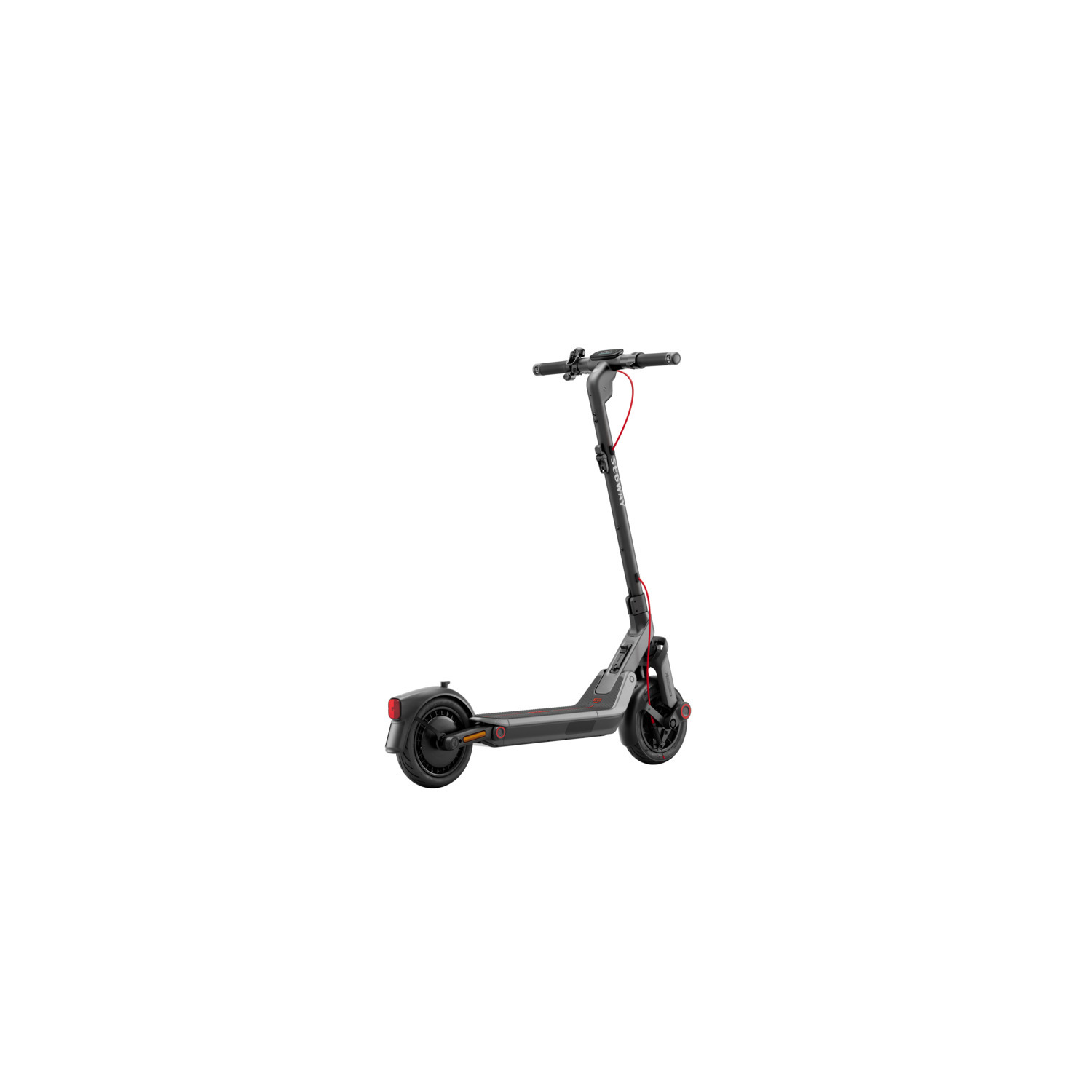 An electric scooter, black with red accents, on a white background.