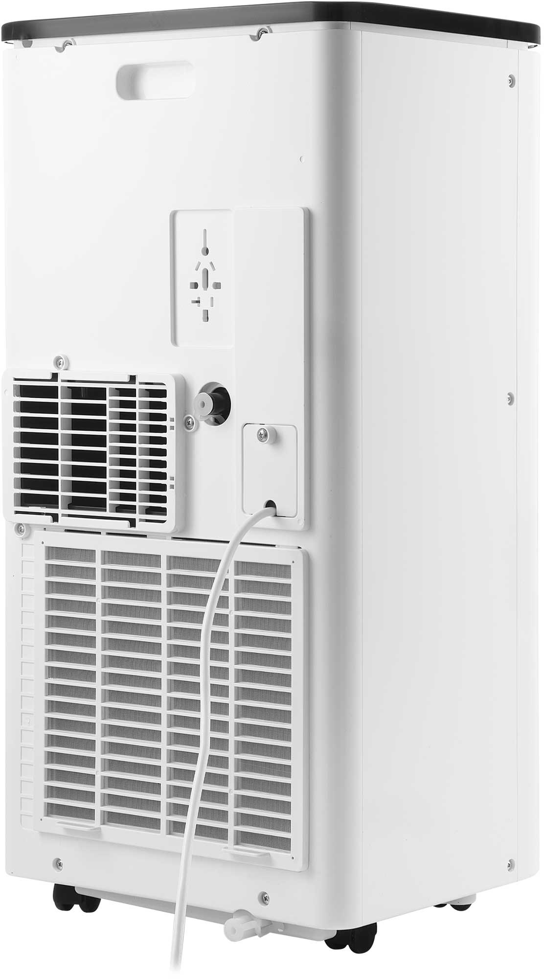 Egy fehér légkondicionáló hátulról, fehér kábellel.