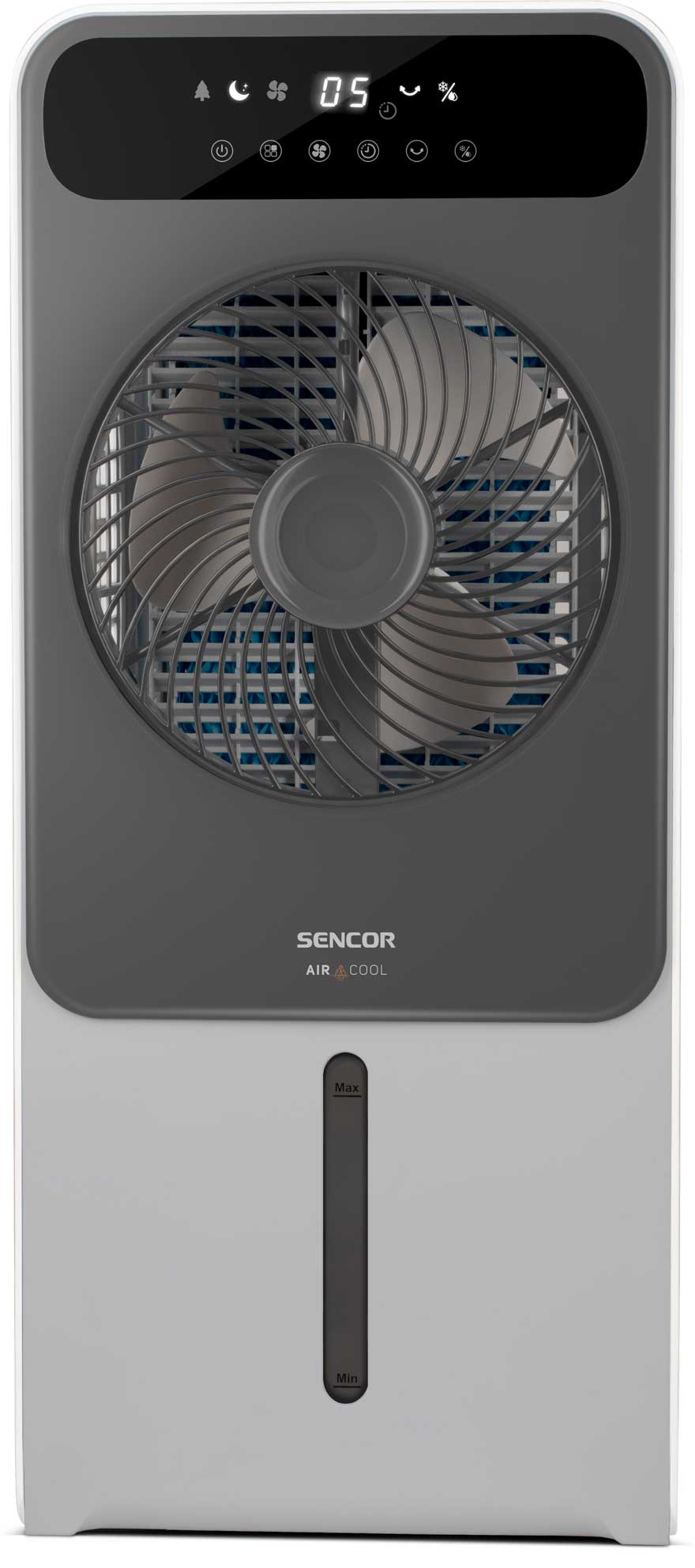 Egy légkondicionáló, fehér, szürke tetővel, a ventilátor látható.