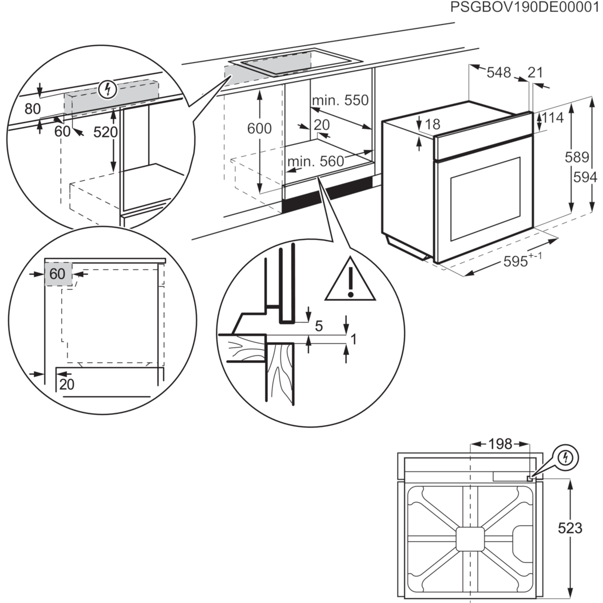 Egy beépített sütő diagramja, amely a méreteket és a telepítési specifikációkat mutatja.