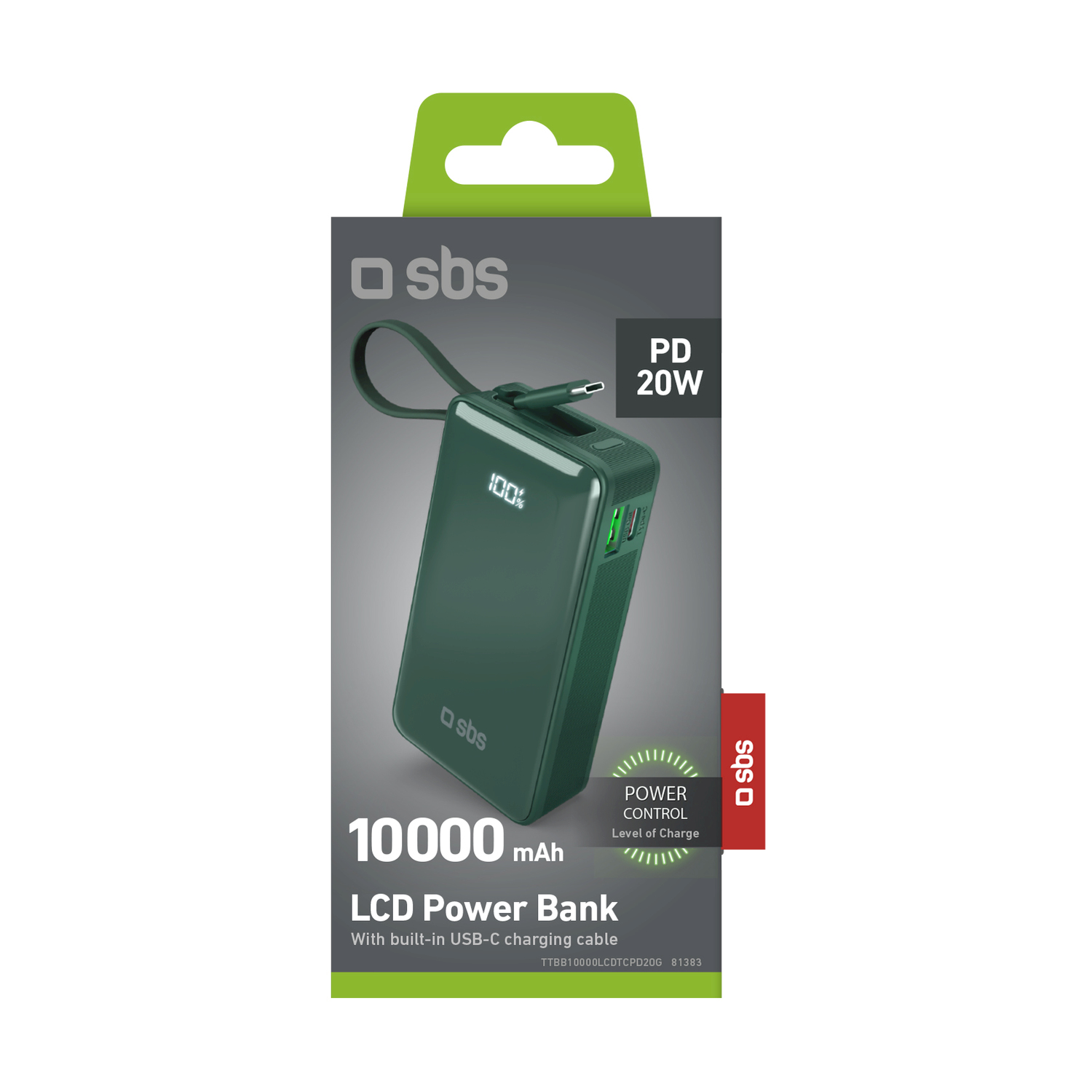 Power bank verde nella confezione. Mostra livello carica e cavo.