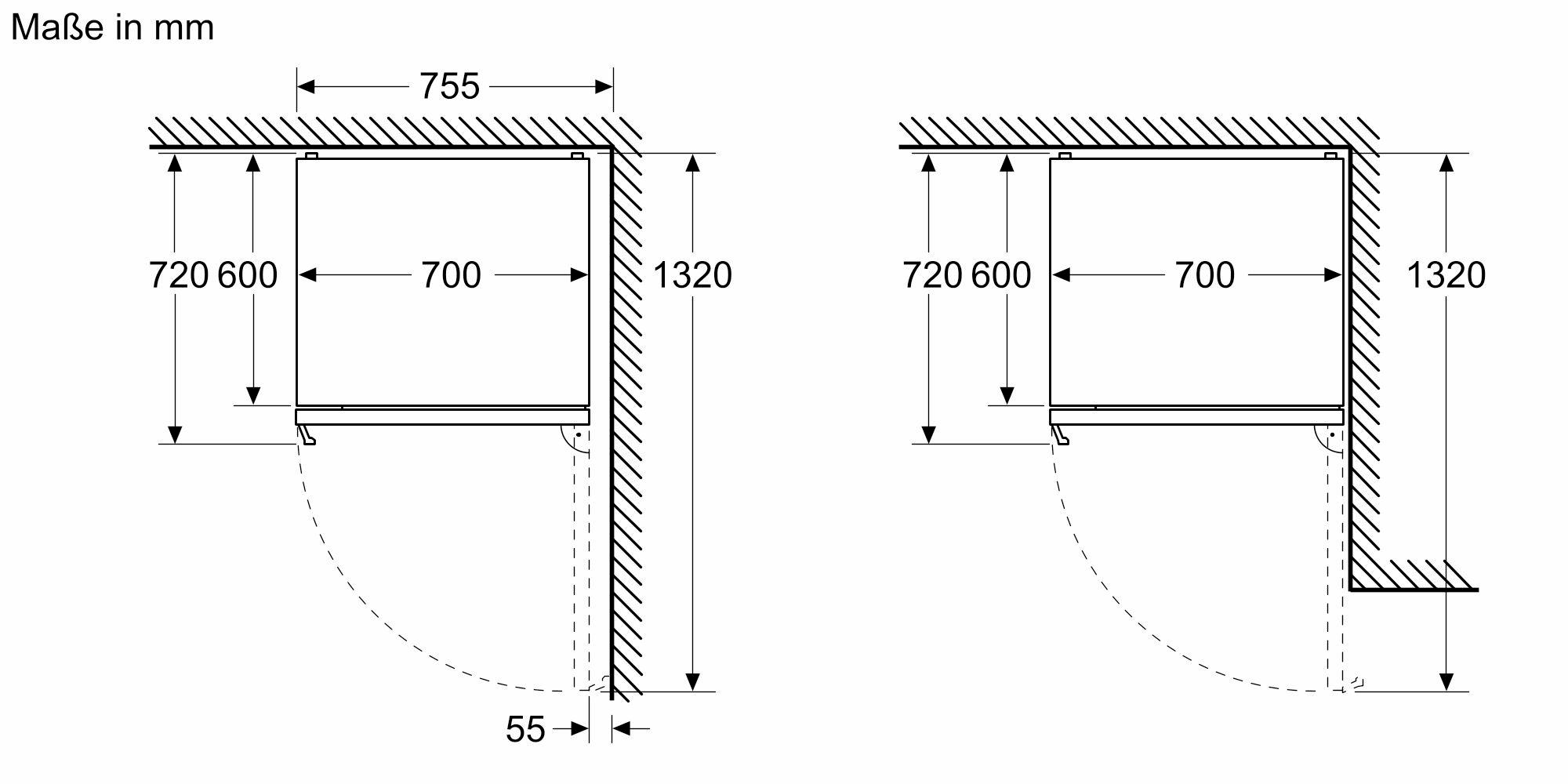 Zwei Diagramme mit Maßen für ein Einbaugerät in einer Ecke.