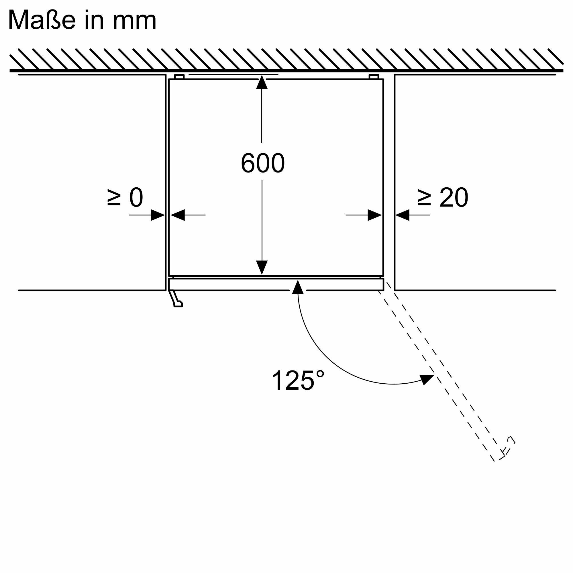 Diagramm eines in eine Oberfläche eingelassenen Rechtecks, mit Maß- und Winkelangaben.