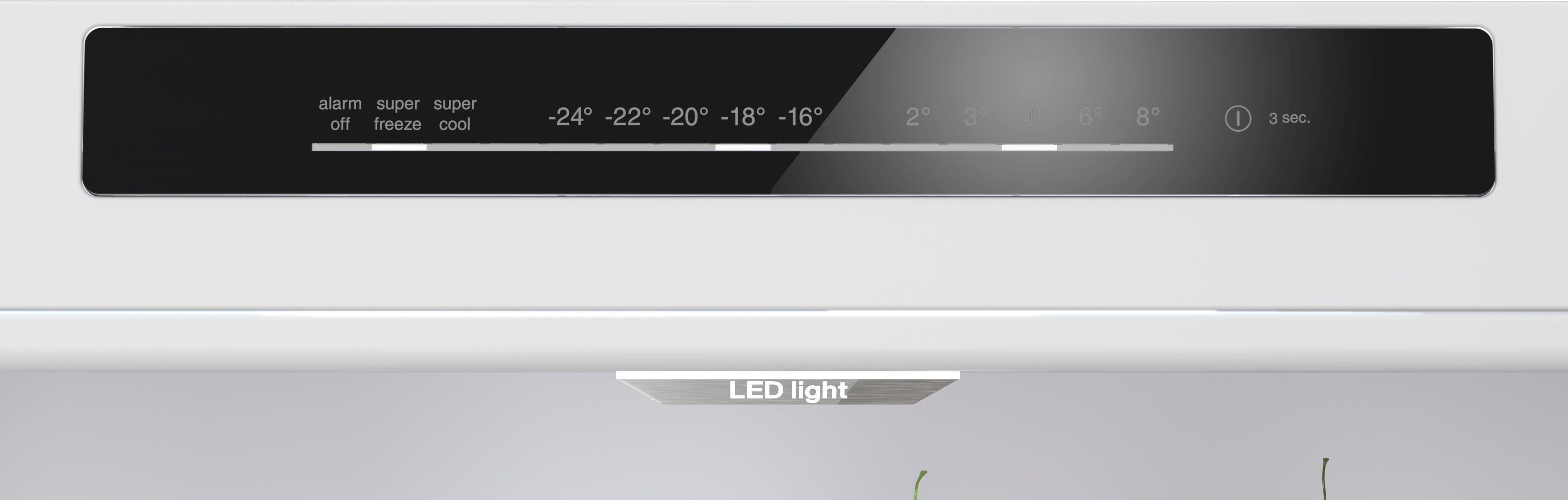 Bedienfeld mit Temperatureinstellungen und LED-Licht, weißer Hintergrund.