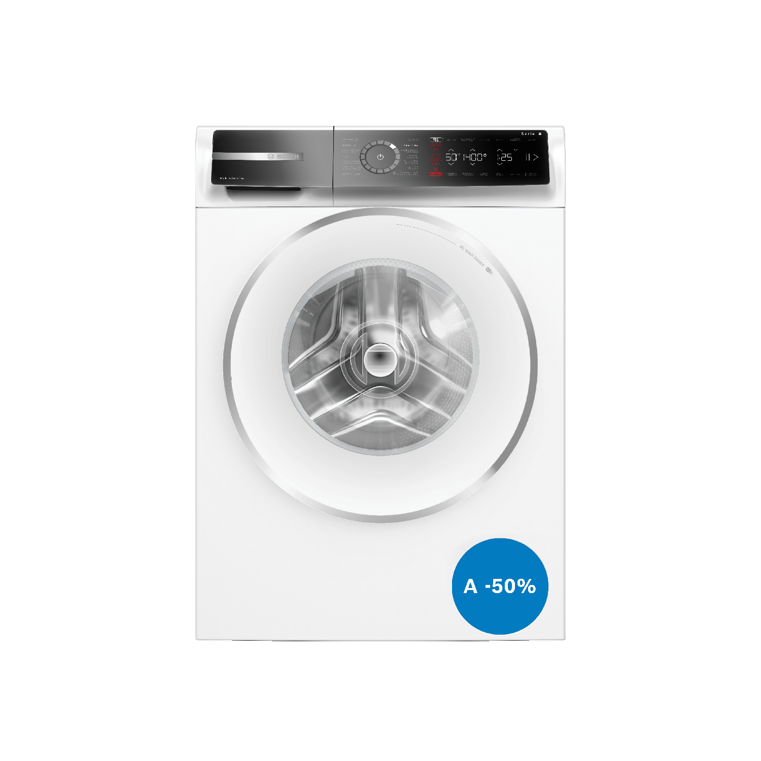 Witte wasmachine met digitaal display en blauwe kortingsbadge.