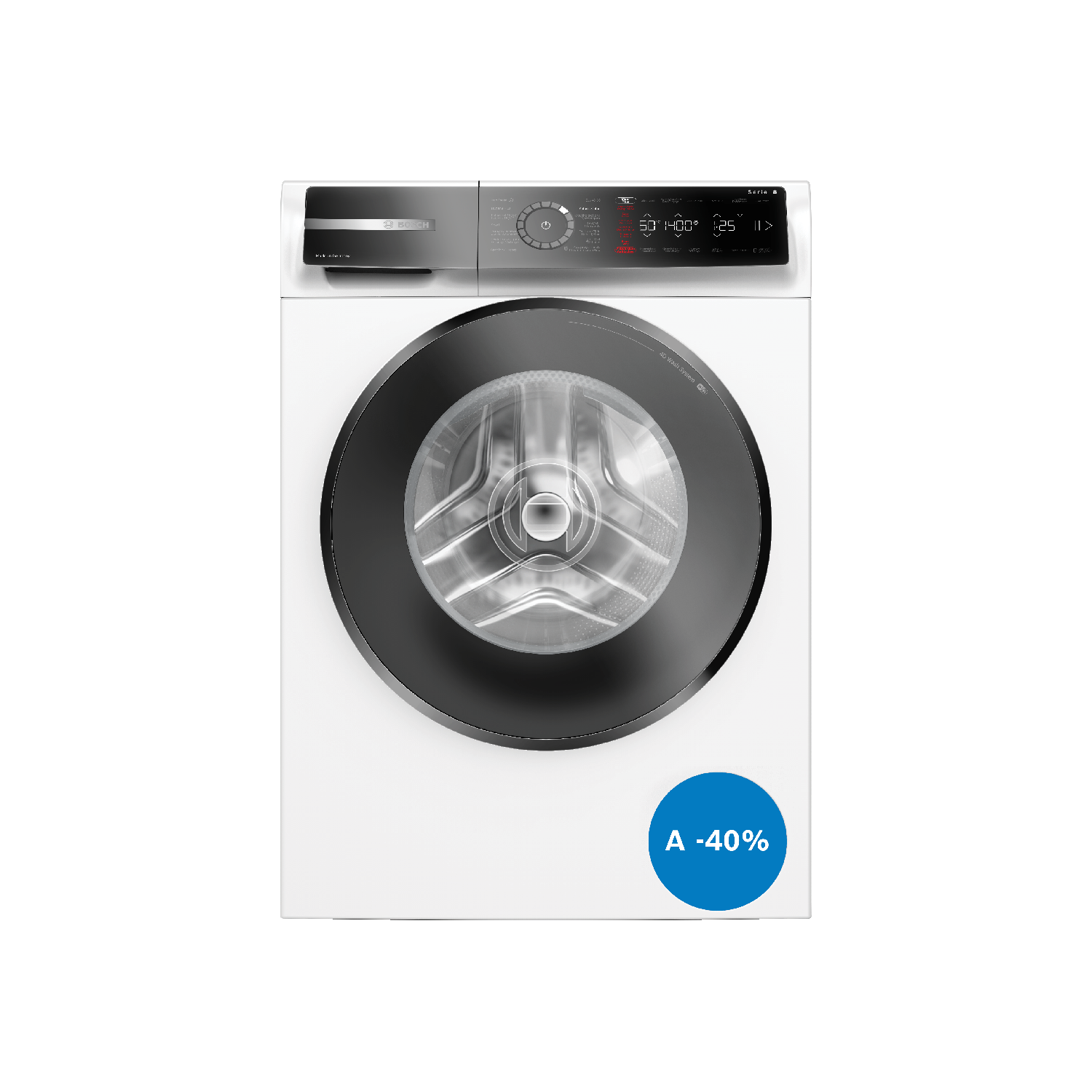 Un lave-linge blanc avec une porte noire. Un autocollant bleu affiche A-40%.