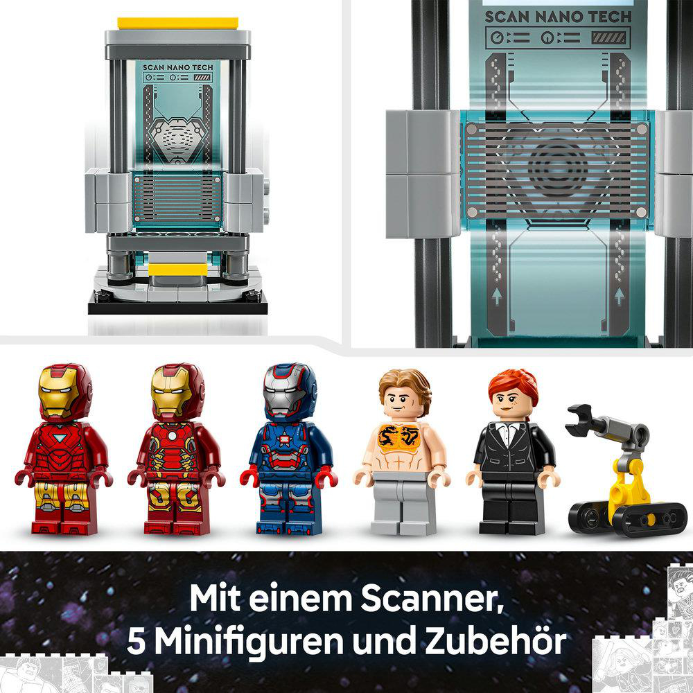 Lego-Set mit Scanner, 5 Minifiguren und Zubehör. Iron Man, War Machine und andere sind enthalten.