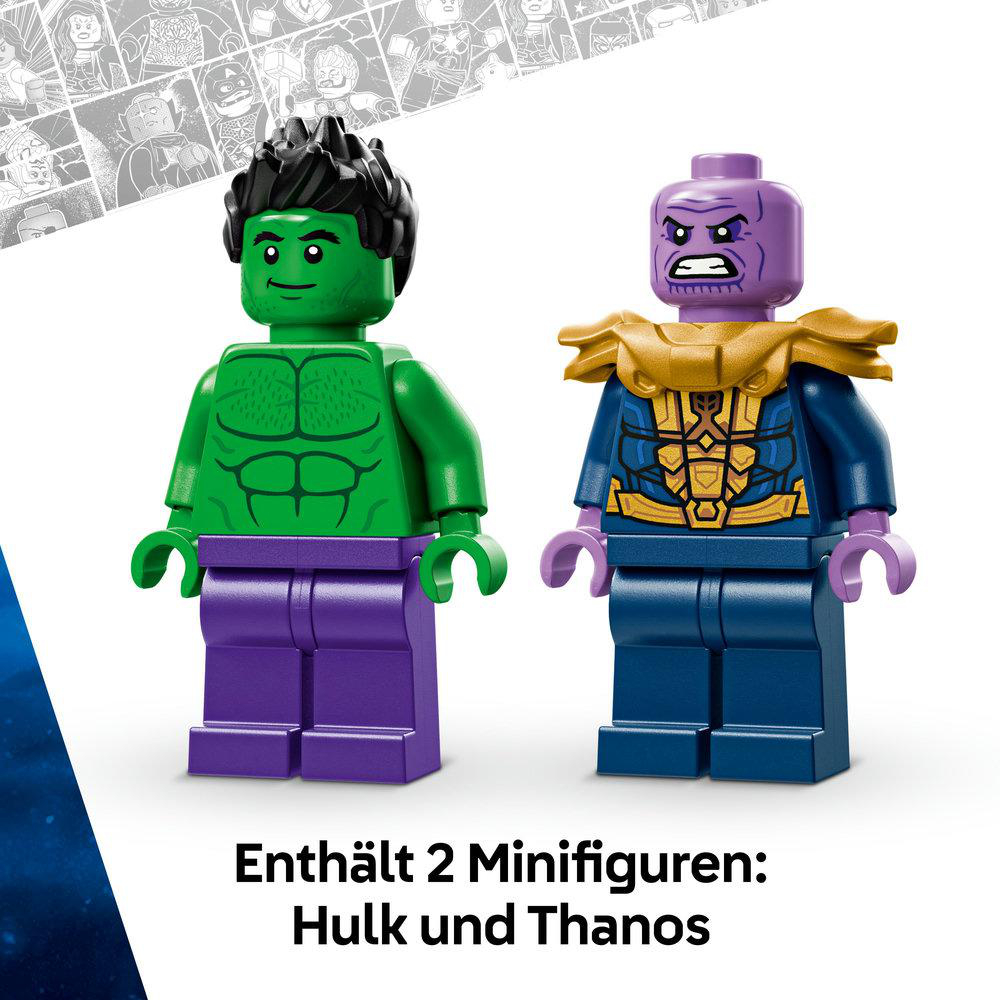 Lego-Figuren von Hulk und Thanos. Hulk ist grün, Thanos ist lila. Text: Enthält 2 Minifiguren.