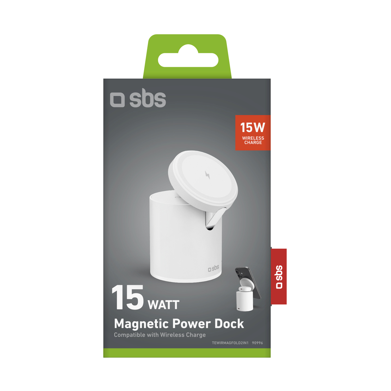 Un caricatore wireless bianco, una scatola nera con testo.
