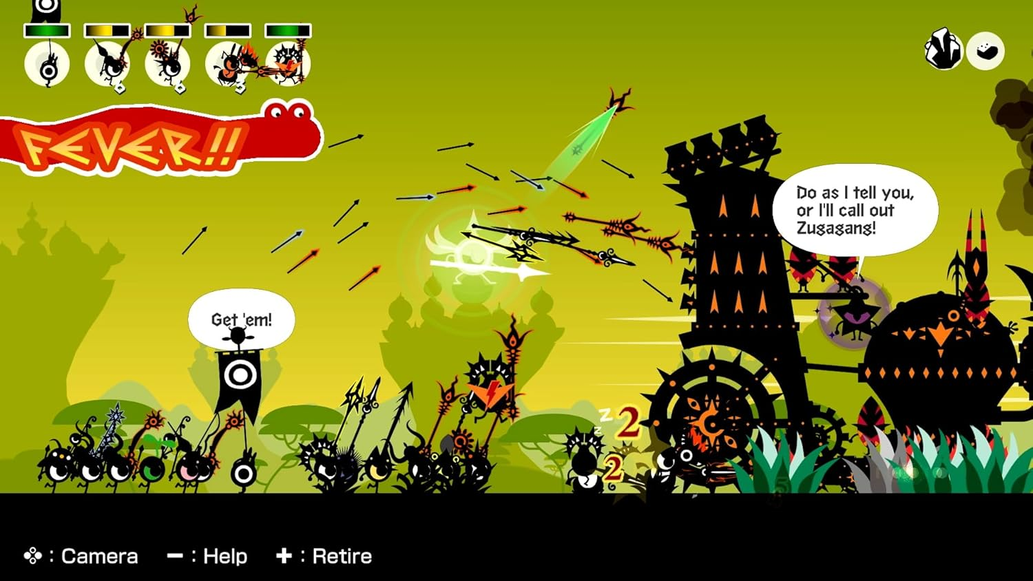 Escena de juego caricaturesca con personajes, flechas y burbujas de texto.