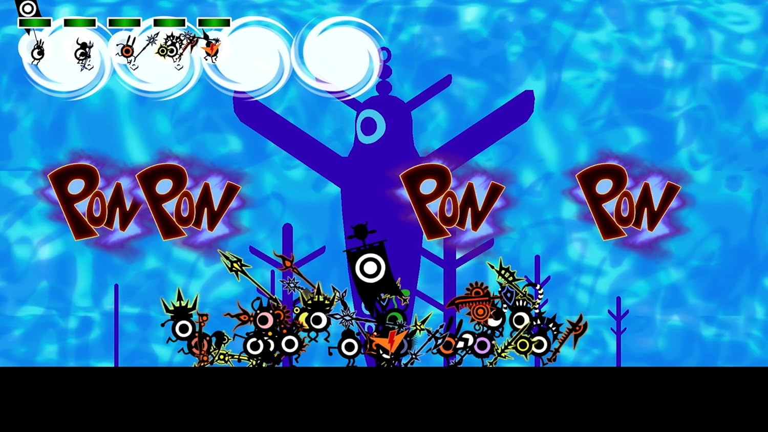 Escena de juego con personajes de dibujos animados luchando. Globos de texto dicen 'PON'. Fondo azul.