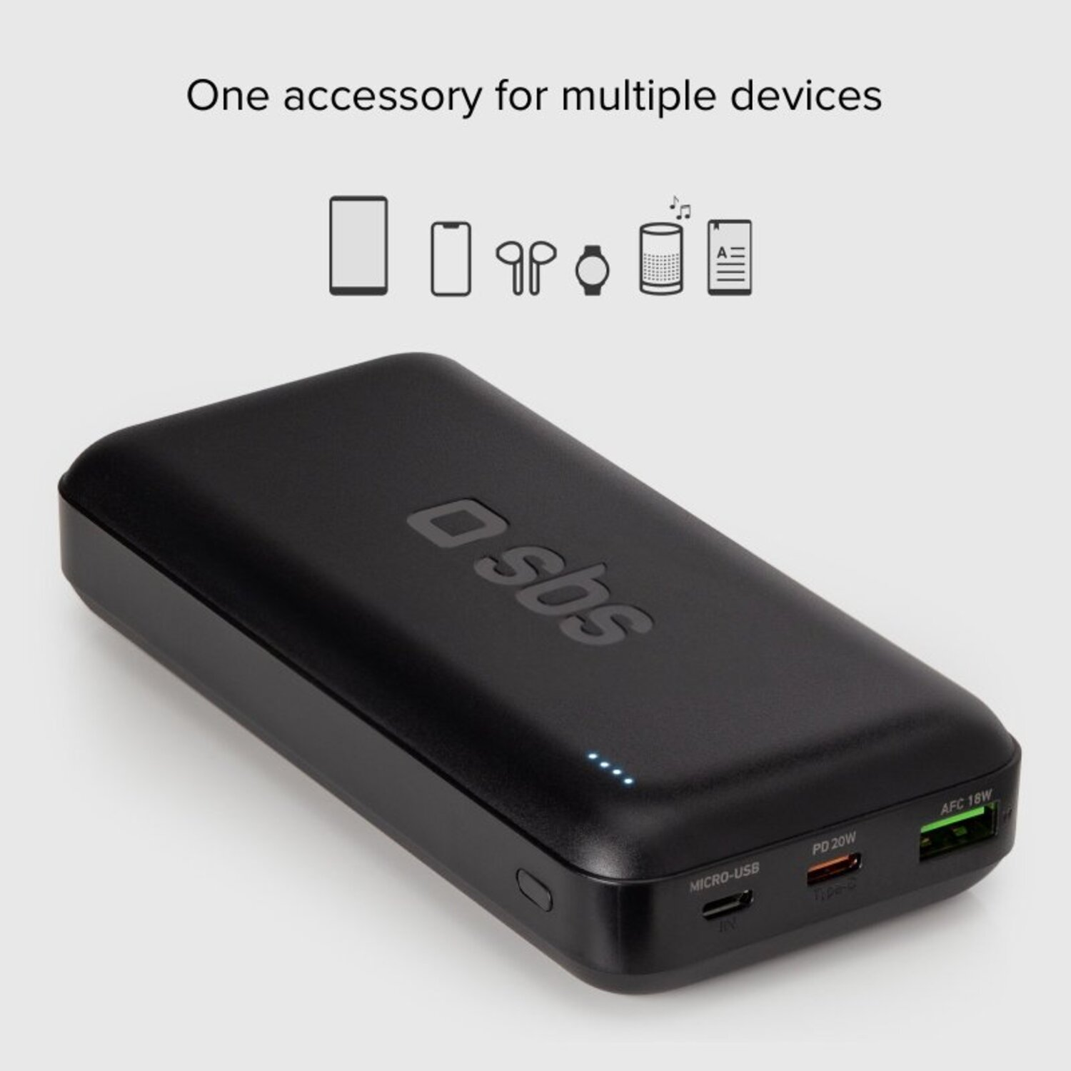 Black power bank with USB ports. Text at the top says: One accessory for multiple devices.