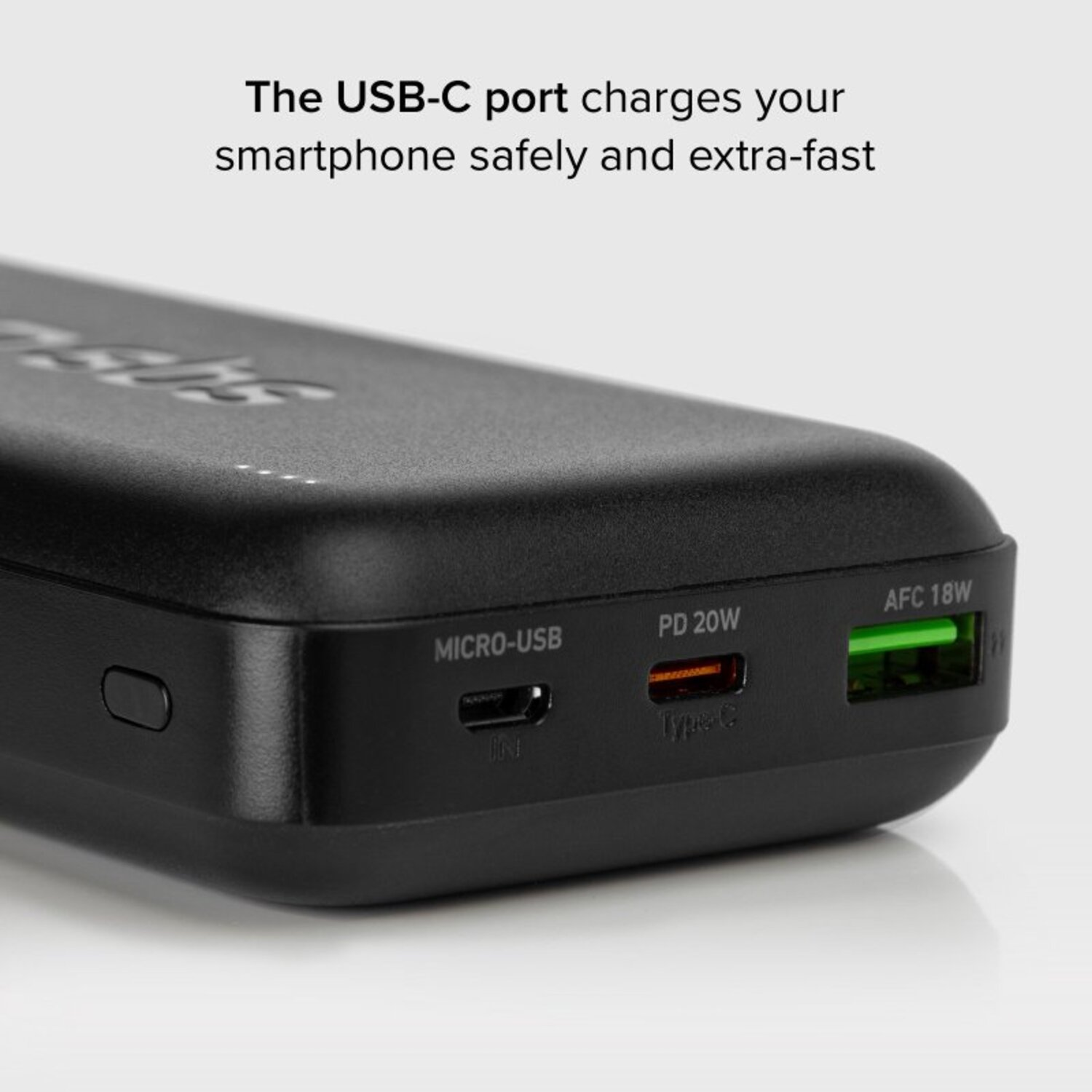 Black power bank with USB-C, Micro-USB, and AFC 18W ports.
