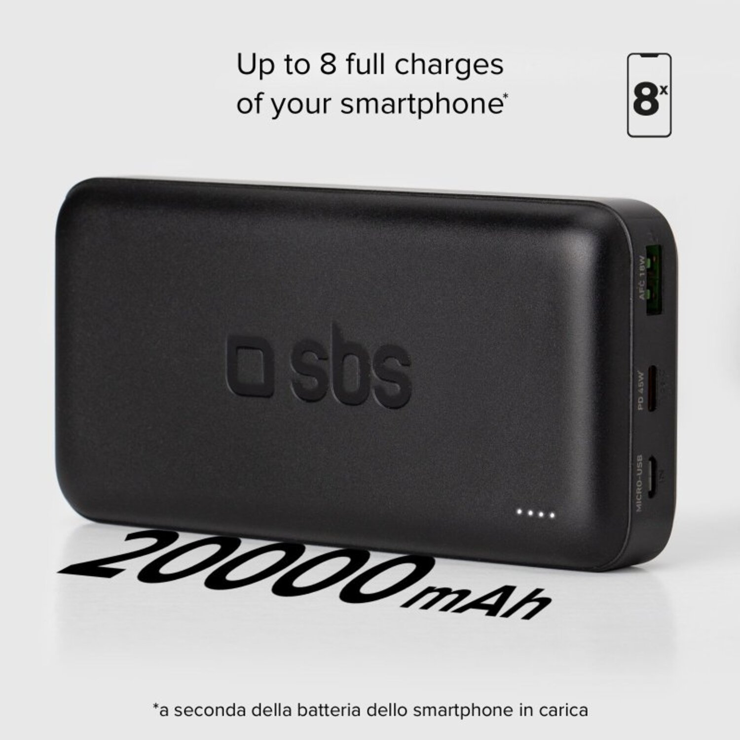 Black power bank with the 'sbs' logo and '20000 mAh' text, with charging ports.