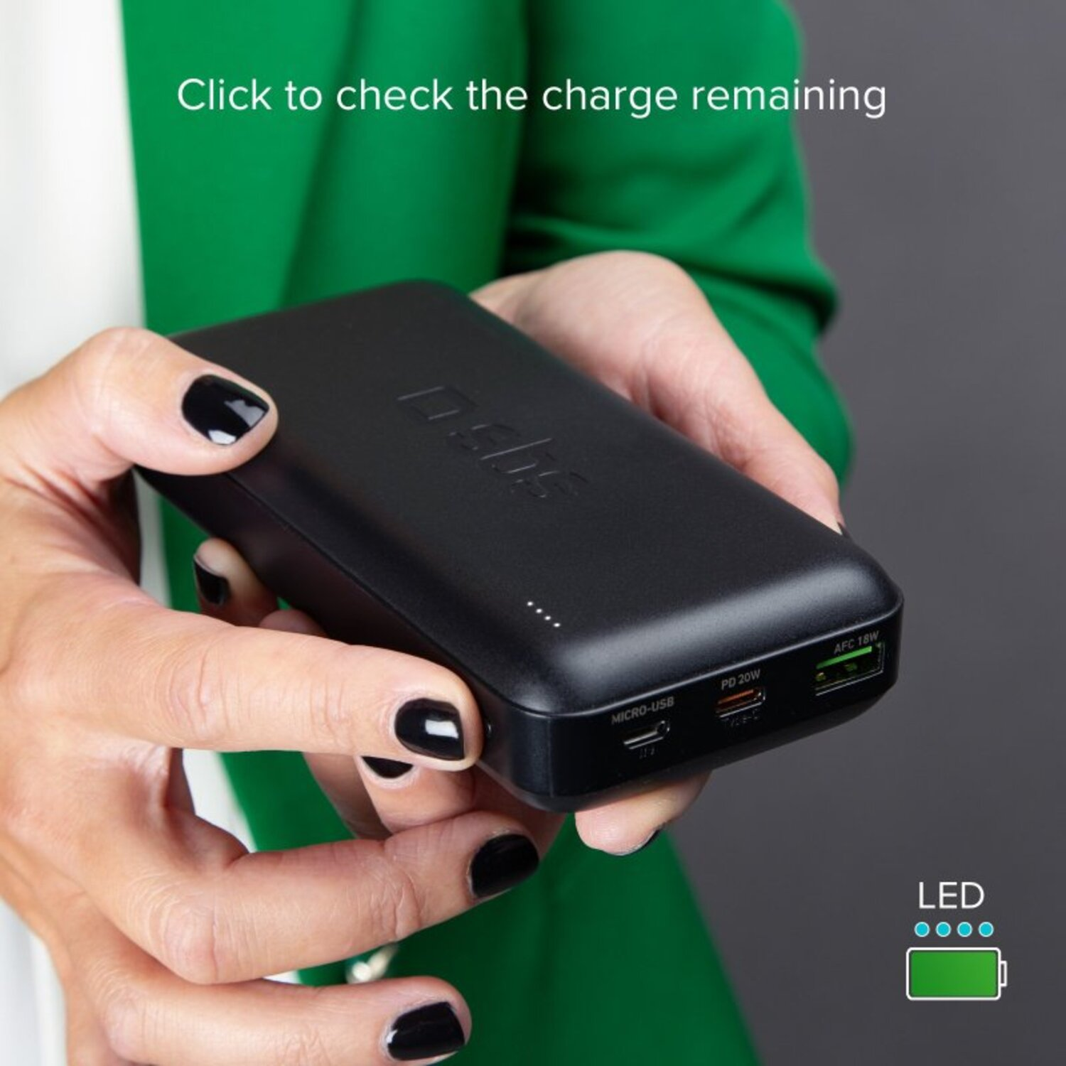 Black power bank held by hands. Text: Micro-USB, PD 20W, AFC 18W, LED indicators. Click to check charge remaining.