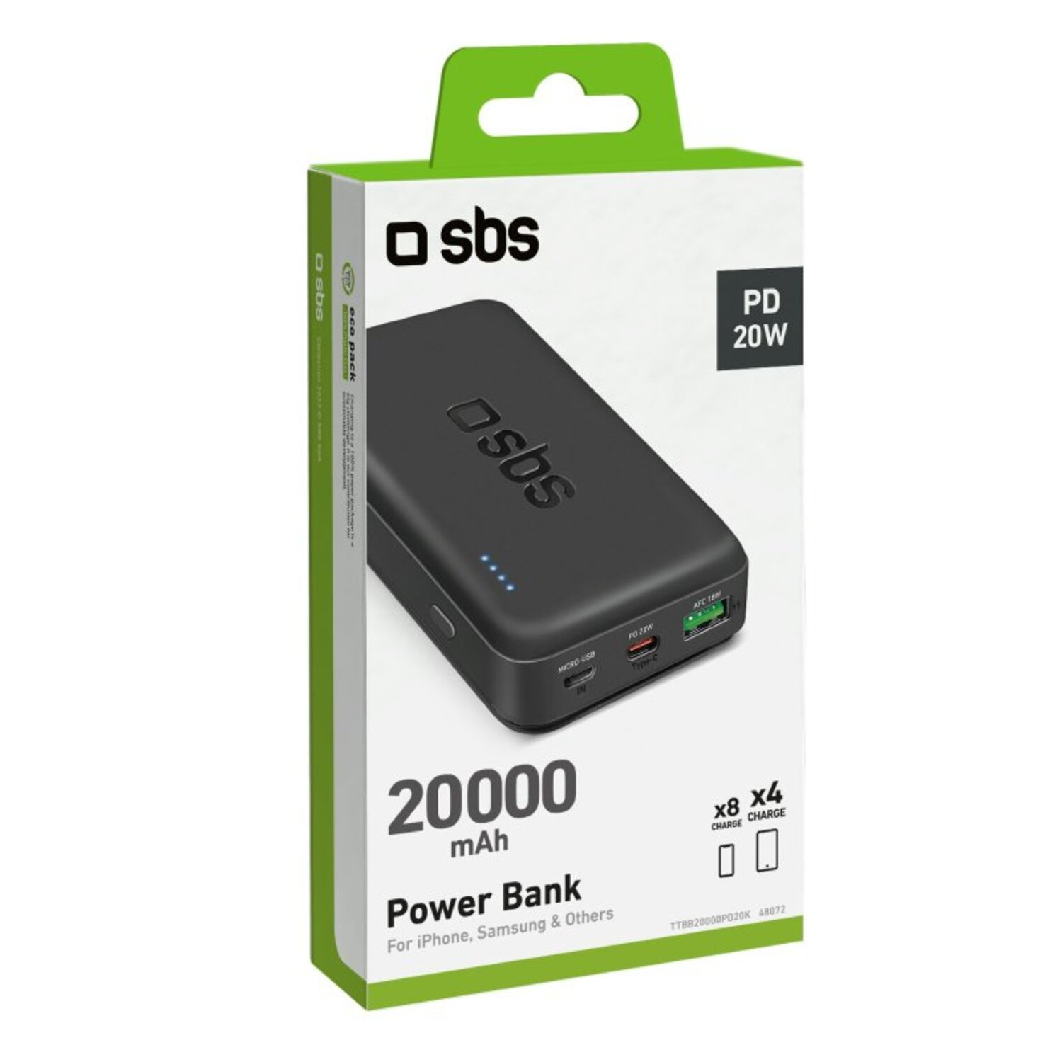 Power bank box. White and black design with text.