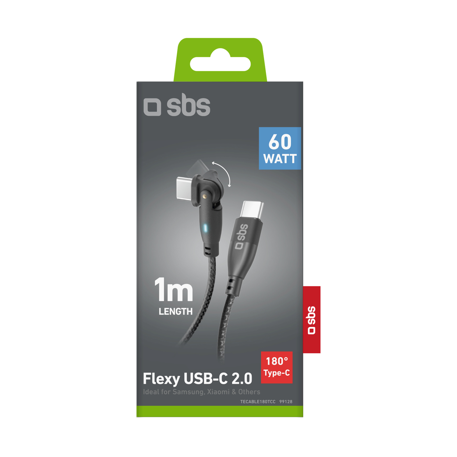 Un cavo USB-C nero e grigio nella confezione con testo.