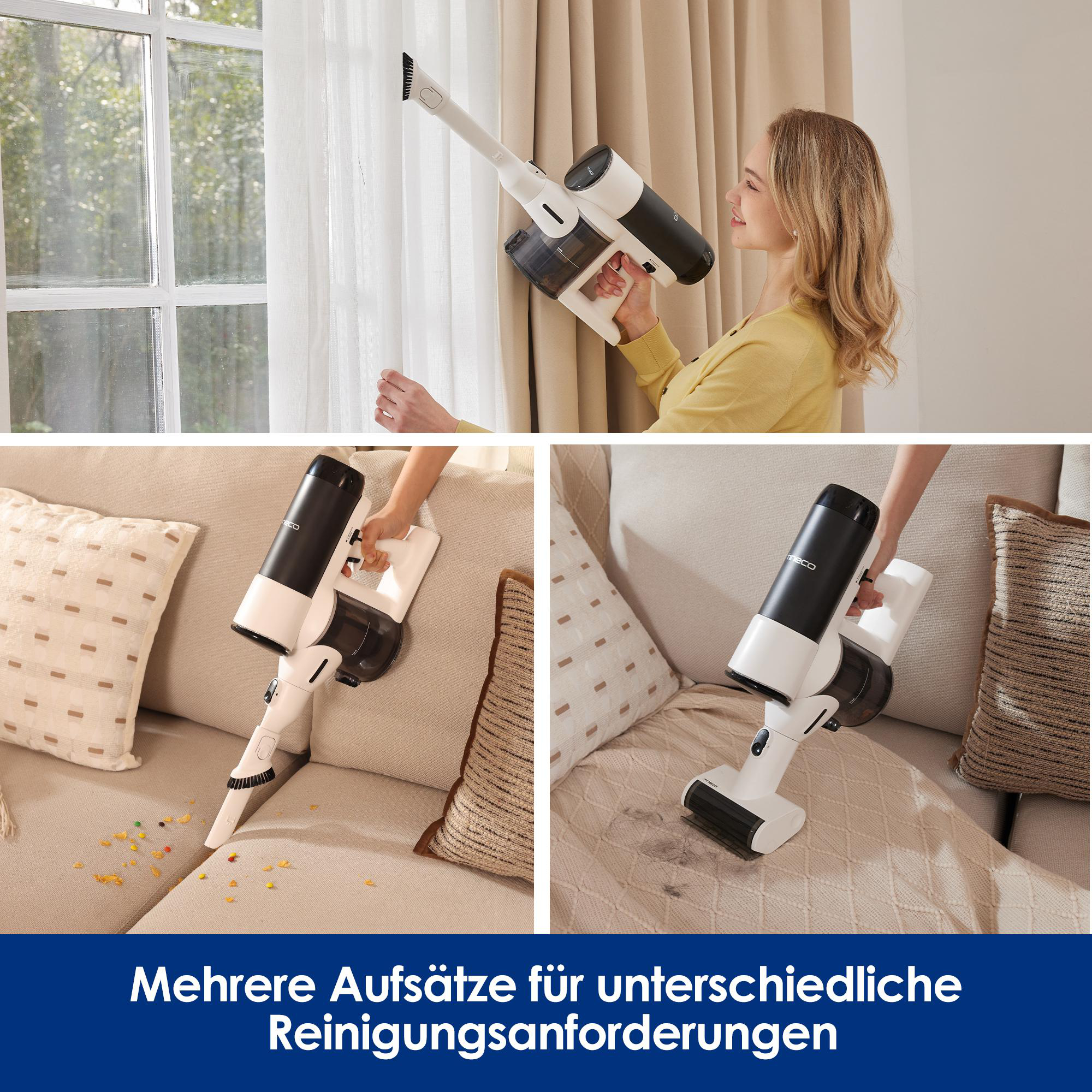 Frau verwendet einen weiß-schwarzen Staubsauger an Vorhängen.