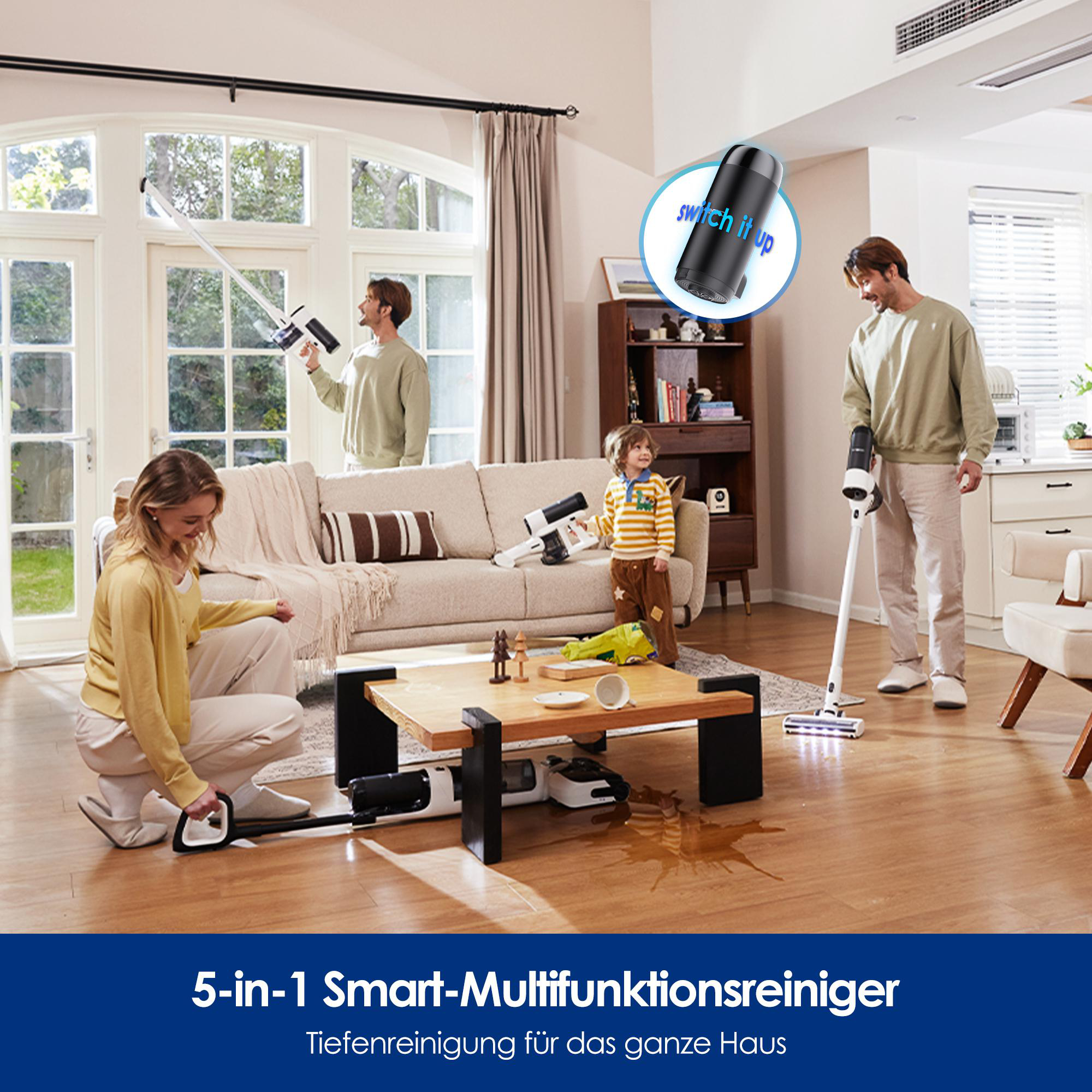 Eine Familie, die einen intelligenten Staubsauger in einem modernen Wohnzimmer benutzt.