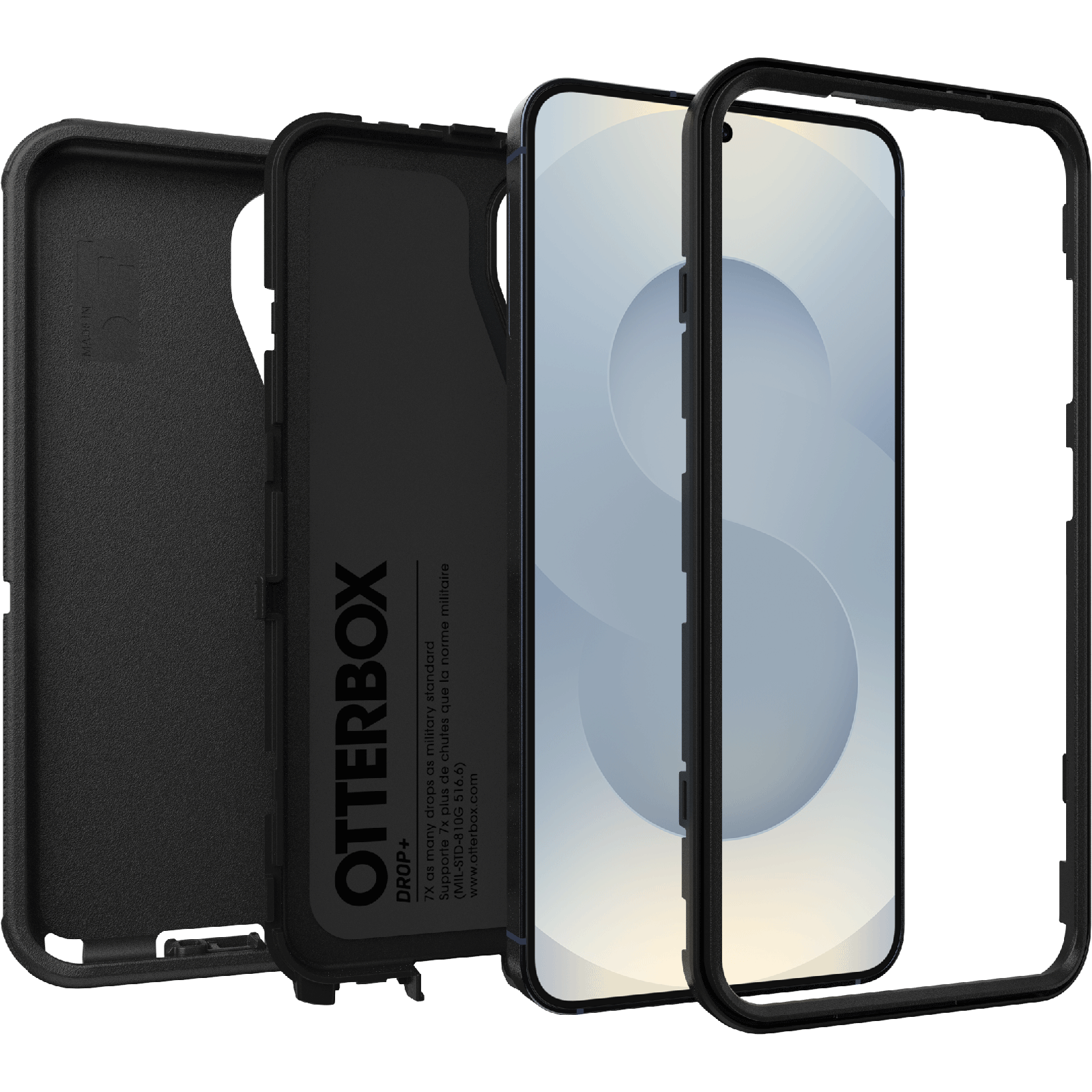 Fekete telefontok, három különálló részből. Az Otterbox logóját és szövegét mutatja.