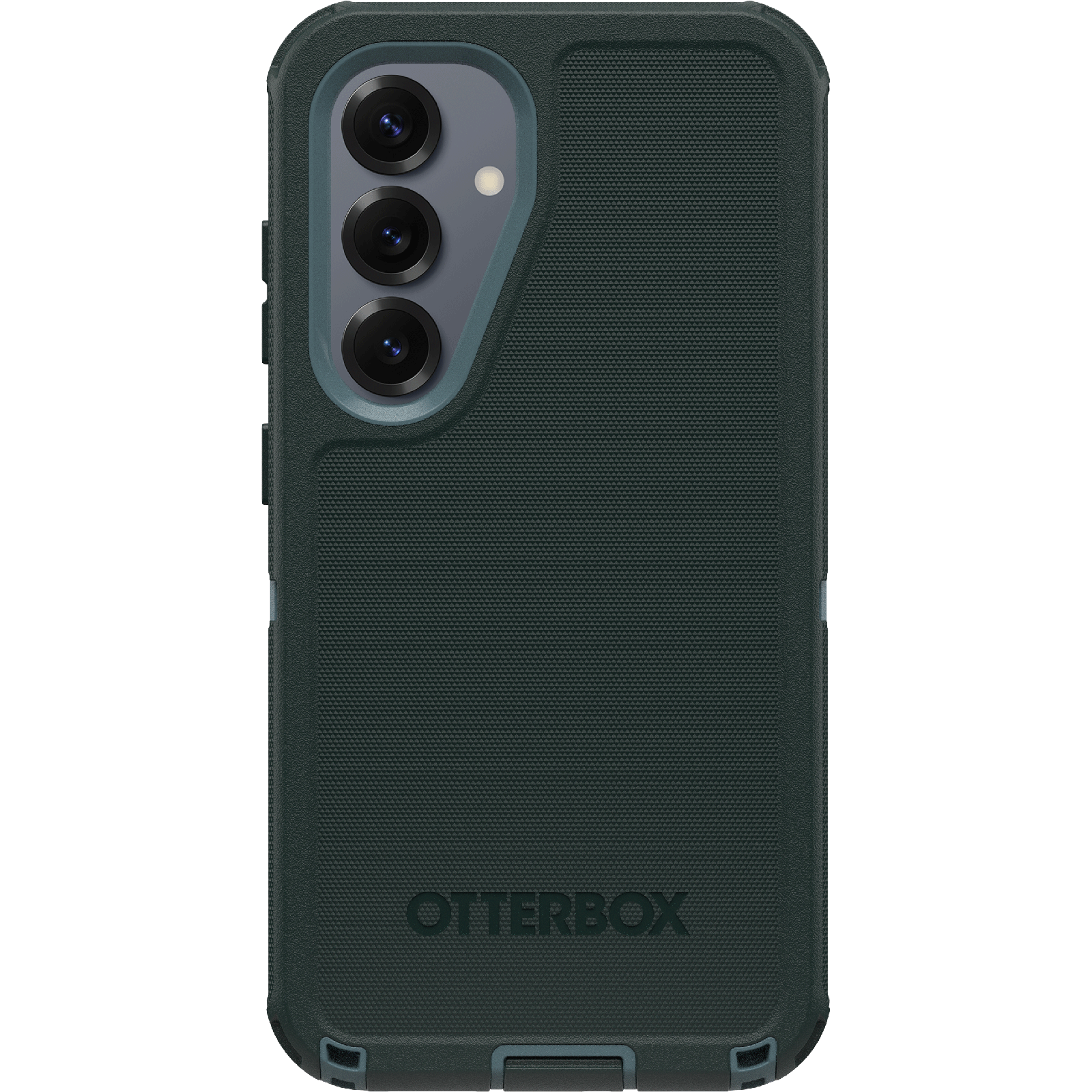 Sötétzöld telefontok. Otterbox márkajelzéssel és egy három lencsés kamerakivágással.