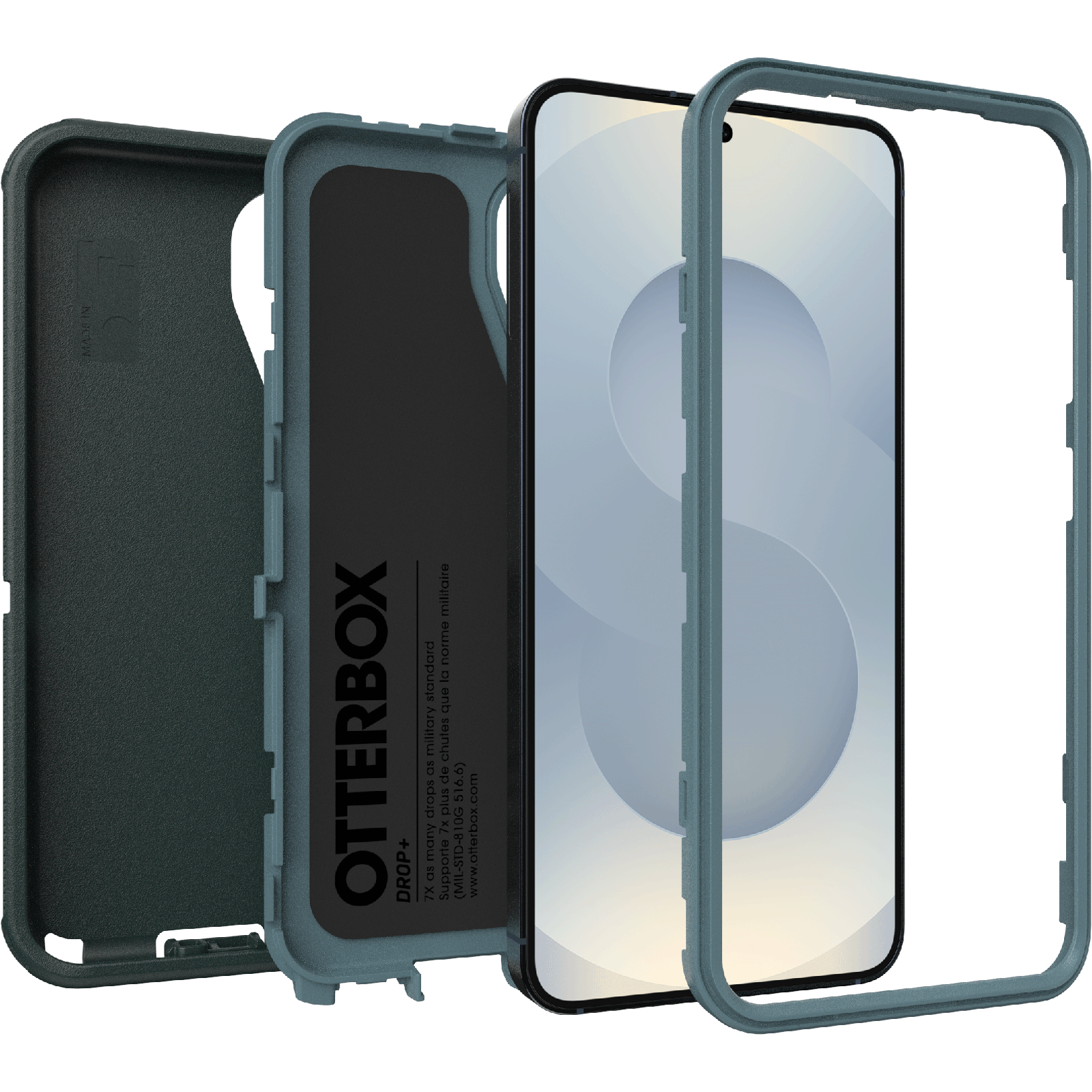 OtterBox telefontok alkatrészei: hátlap, telefon és keret, szétszerelve.