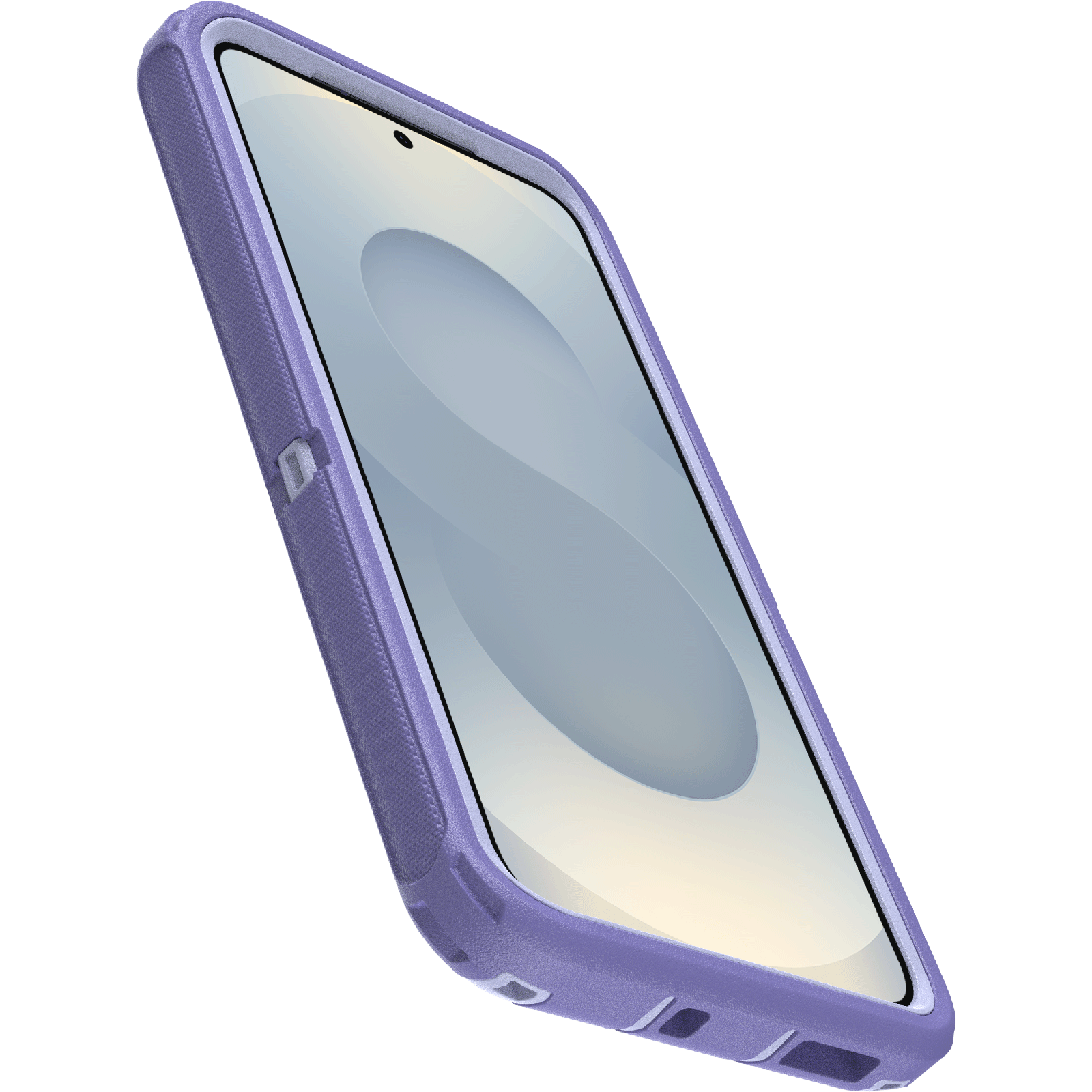 Egy lila telefontok egy telefonnal. A telefon képernyője világosszürke, a háttér fekete.