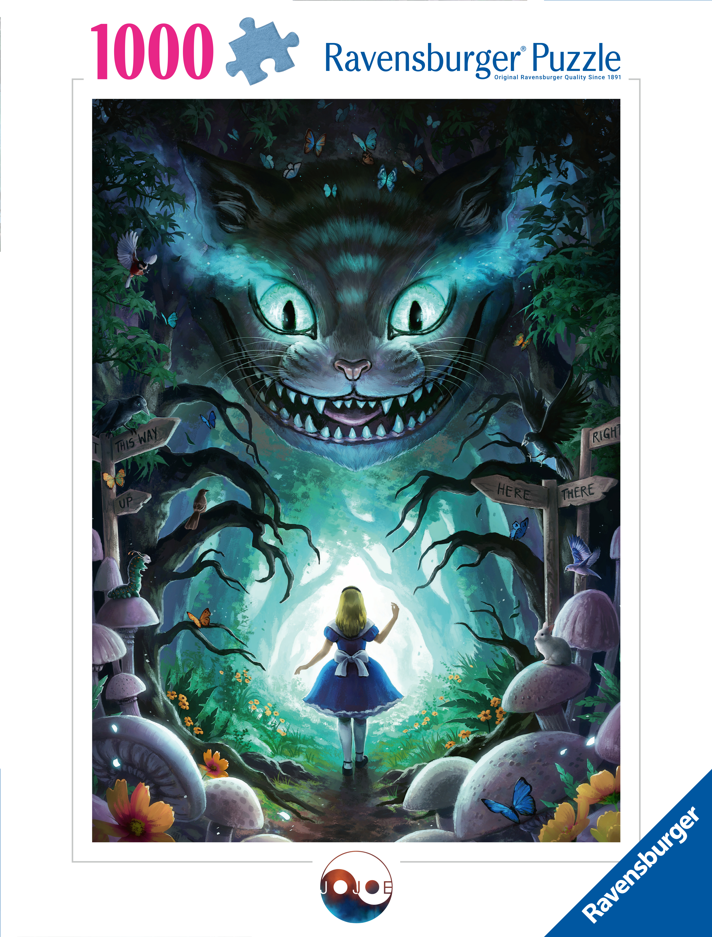 Puzzle: Grinsekatze über Alice im Wald. Schilder weisen in Richtungen, Pilze säumen den Weg.