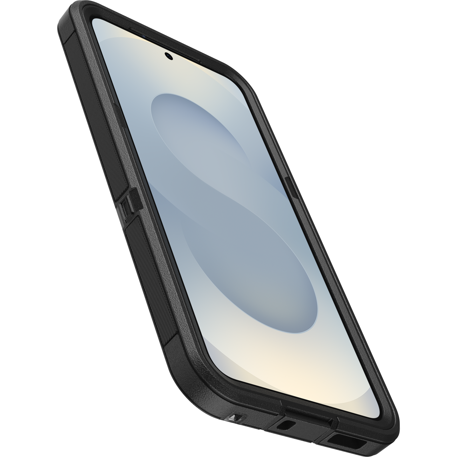 Egy telefon egy fekete tokban, ferde nézetben. A képernyő szürke absztrakt mintát mutat.