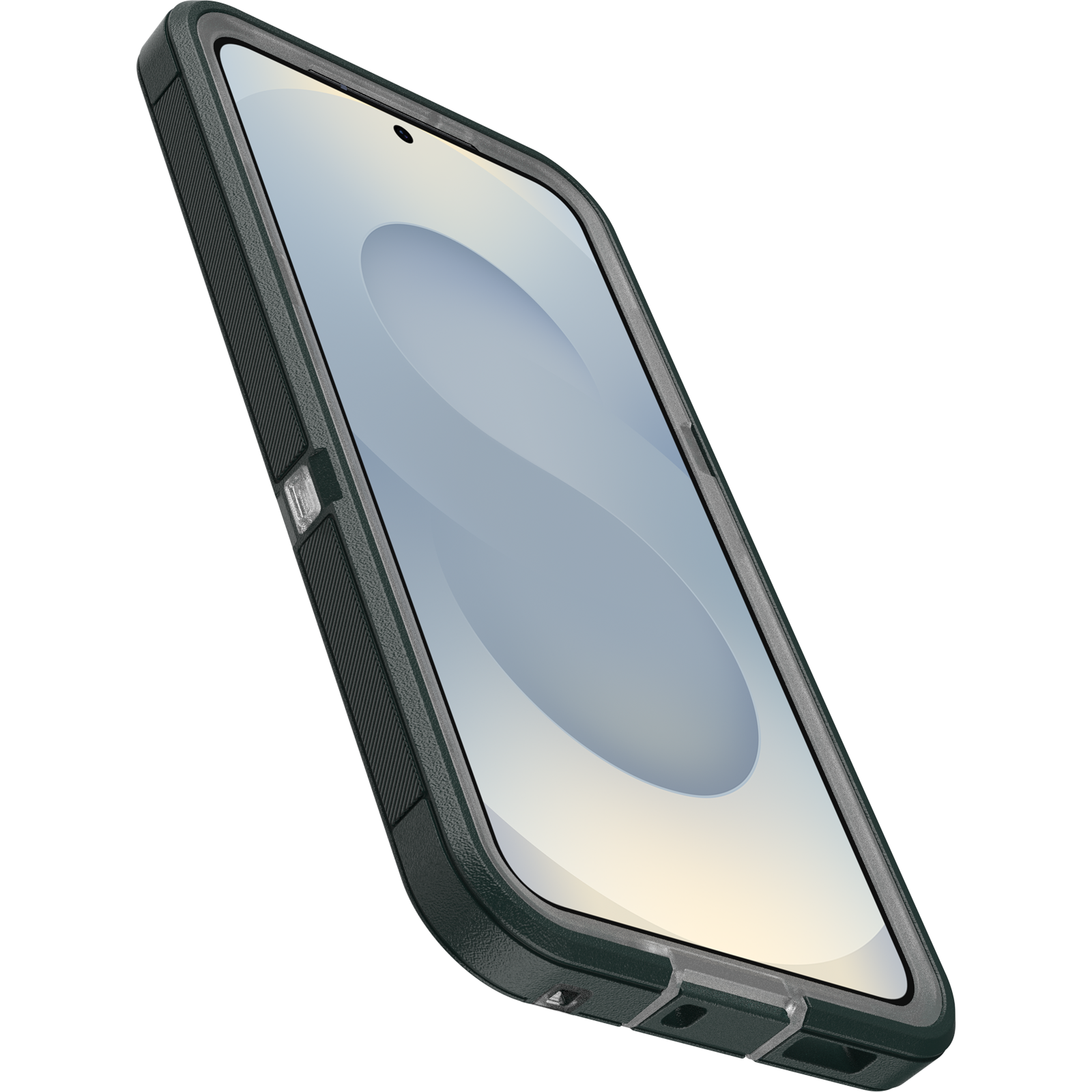Egy telefon egy sötétzöld tokban, ferde nézetben. A képernyő szürke absztrakt mintát mutat.