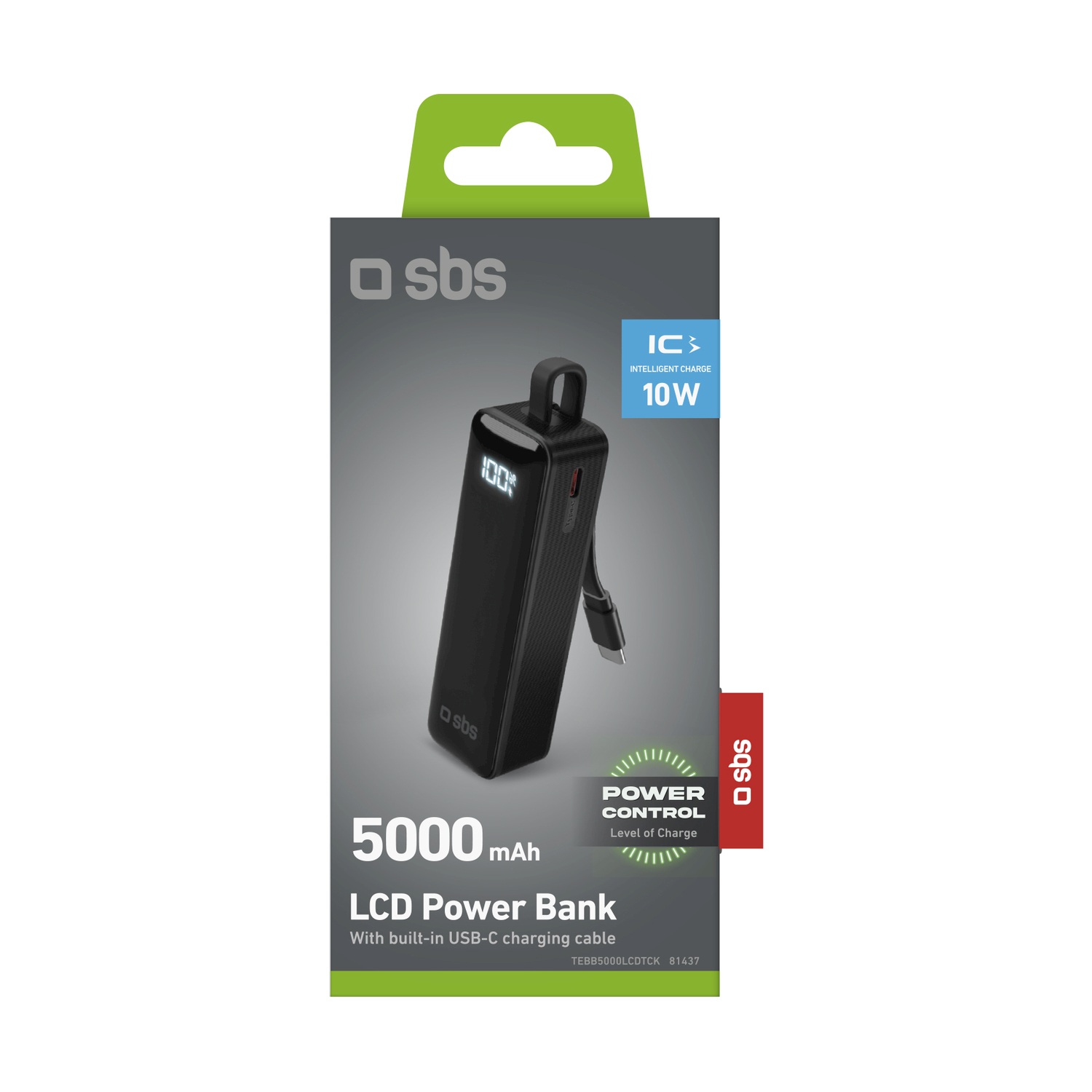 Power bank nero con schermo LCD. Include cavo ricarica USB-C e scatola verde.