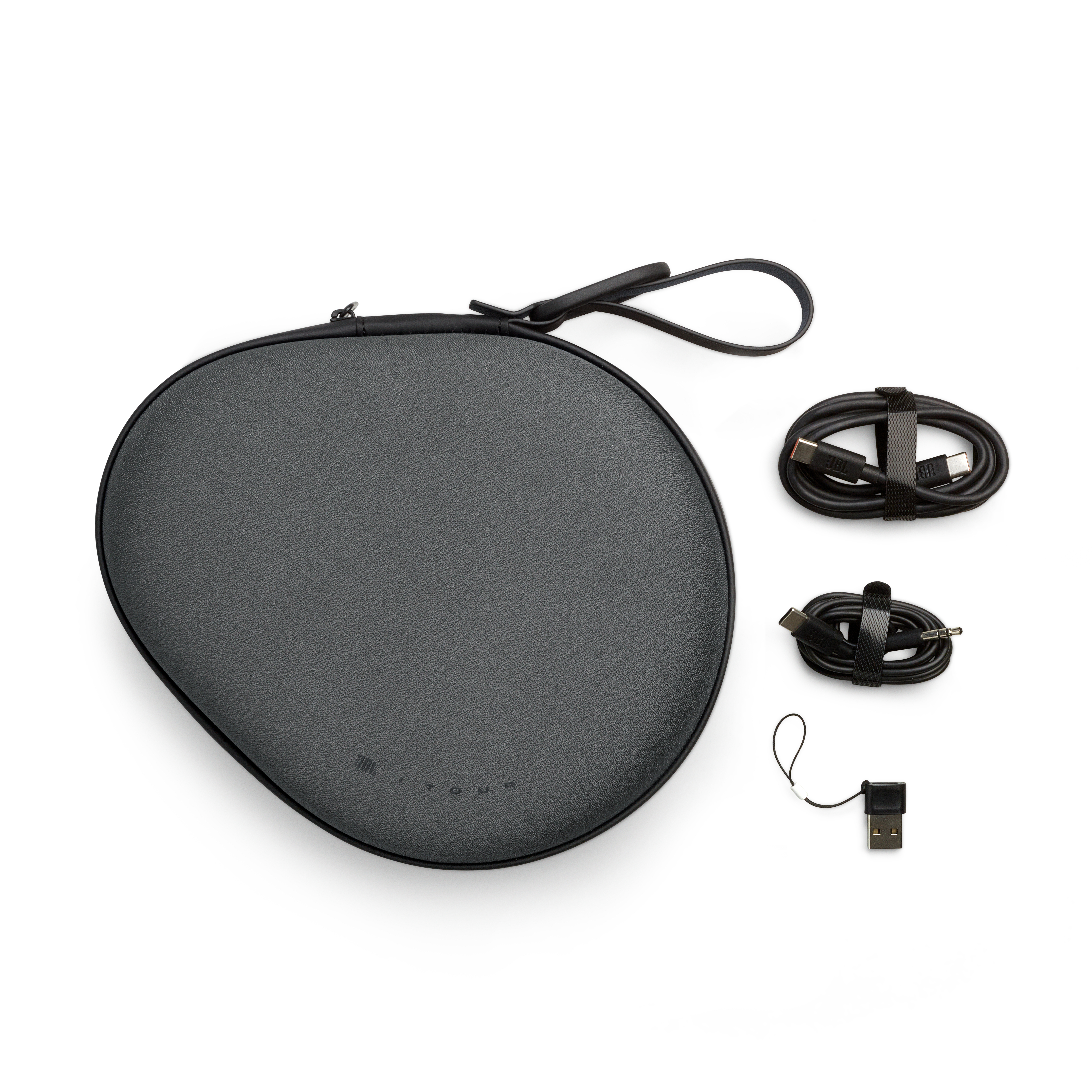Eine schwarze ovale Hülle mit Griff, zwei schwarze Kabel und ein USB-Adapter auf weißem Hintergrund.