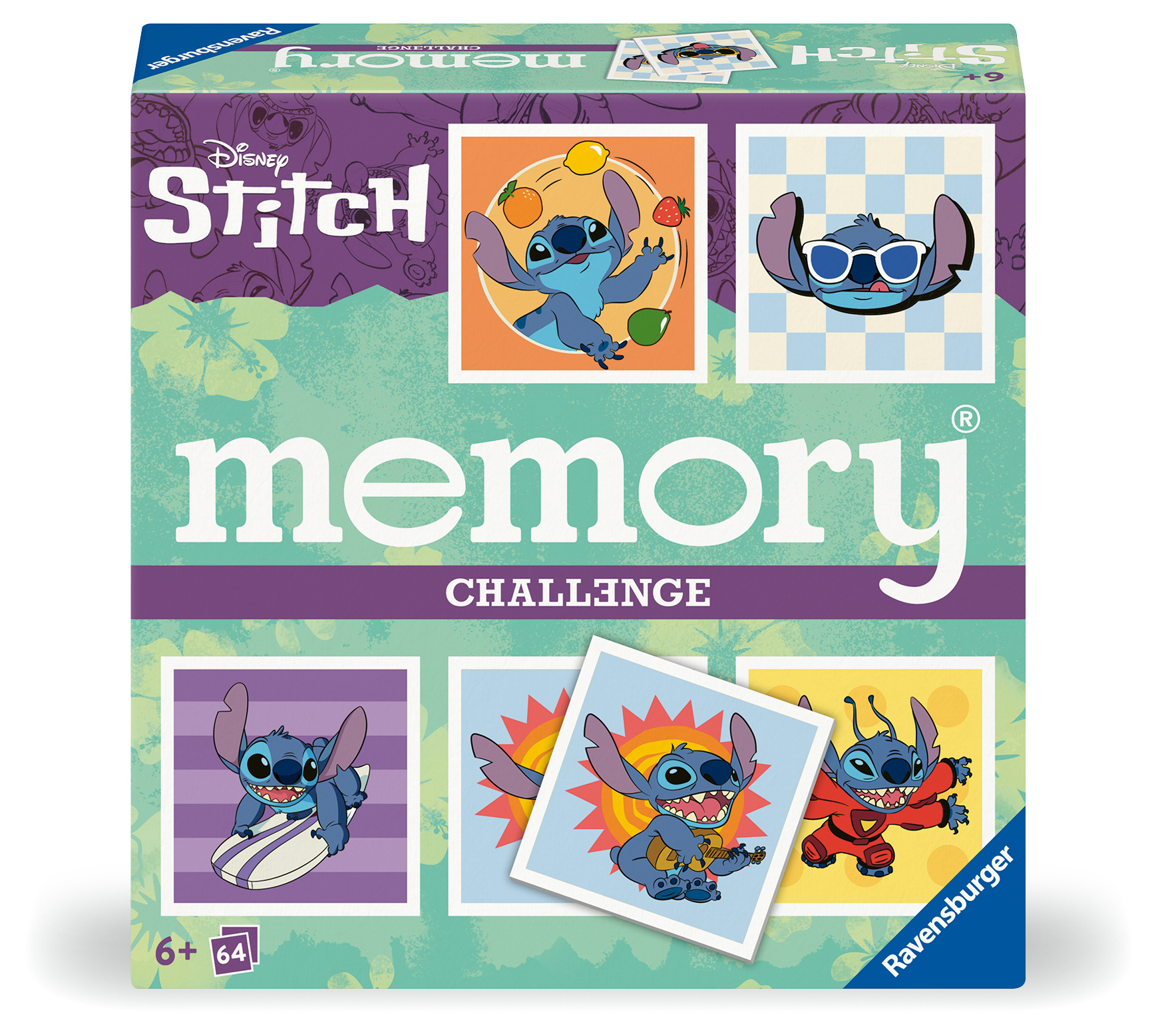Disney Stitch Memory Challenge Spielbox. Stitch-Bilder und der Text Memory Challenge sind abgebildet.