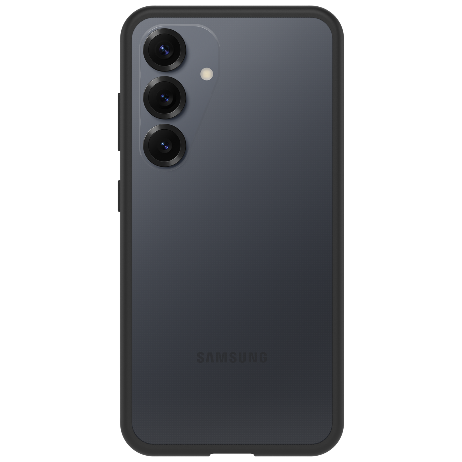 Egy sötétszürke telefon hátulja, három kamerával és a Samsung logóval.