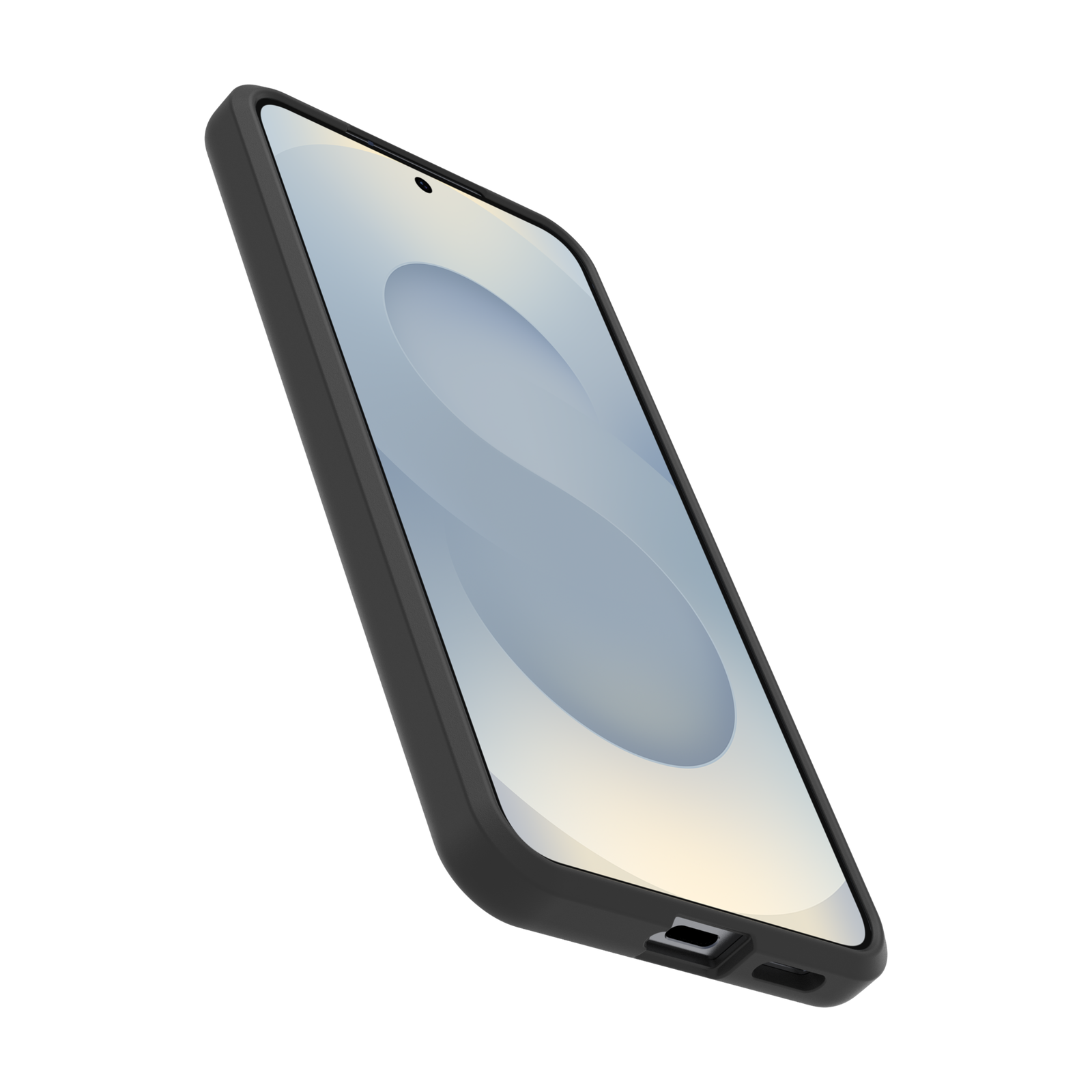 Egy fekete telefon fekete tokban, sötét háttér előtt.