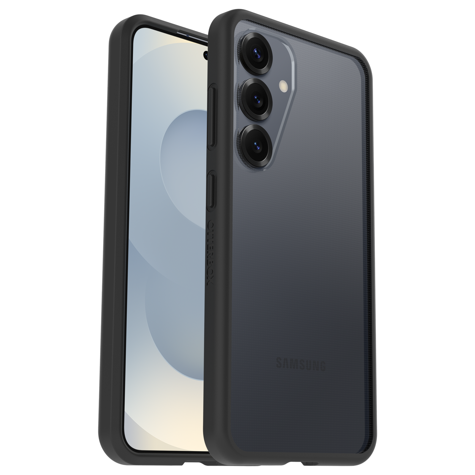 Fekete telefontok egy telefonnal benne, a telefon hátulját mutatva.