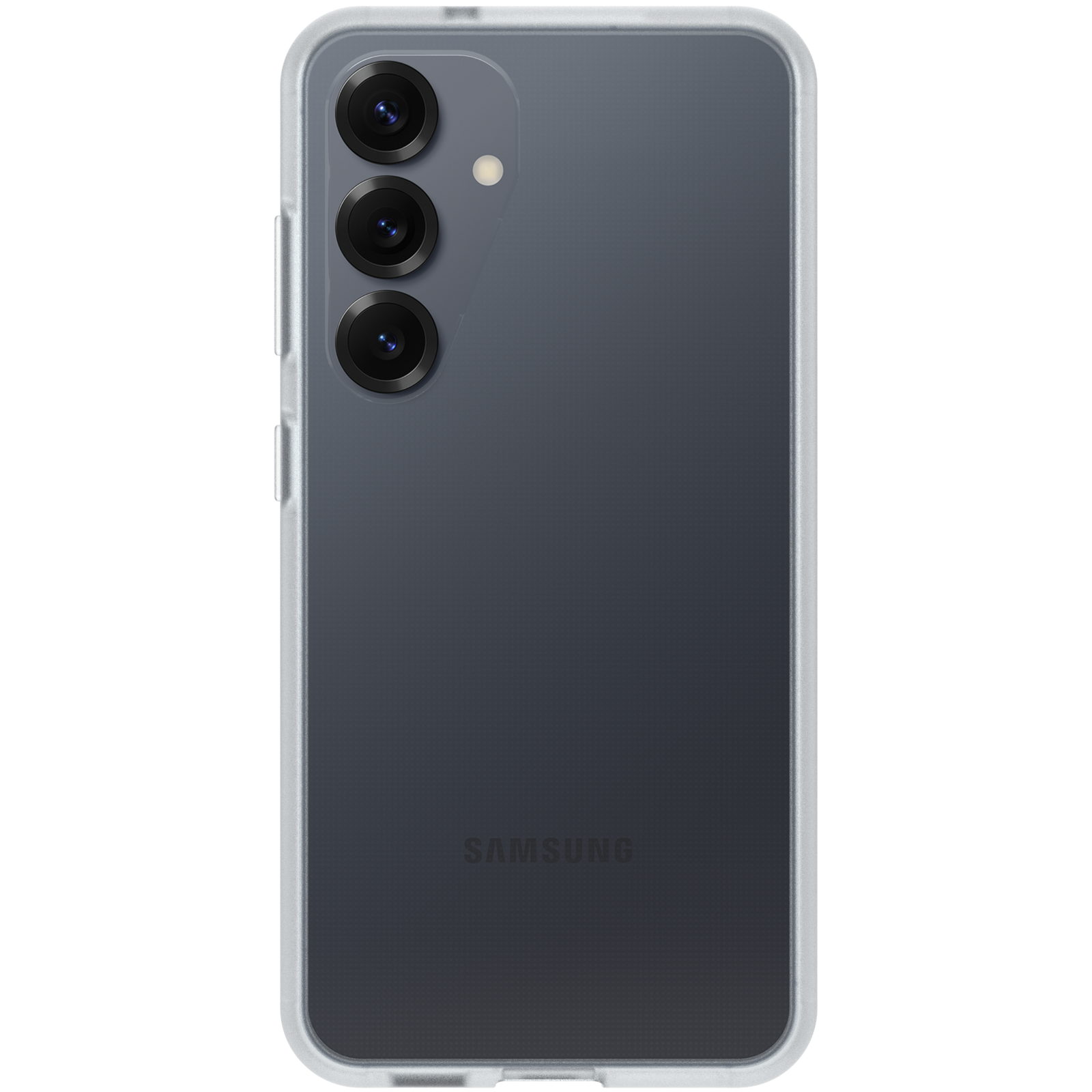 Telefon hátlapja három kamerával, átlátszó tokkal és a Samsung logóval.