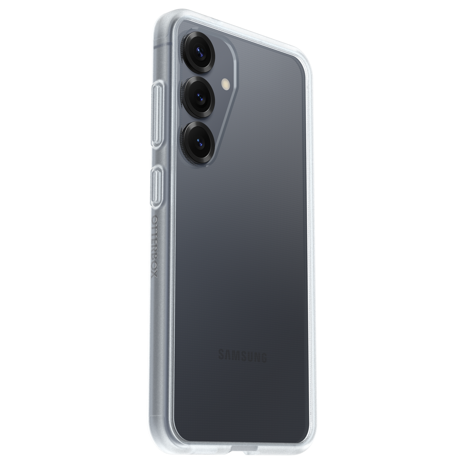 Fekete telefon átlátszó tokban, a telefon hátulja látható. A SAMSUNG márkanév látható.