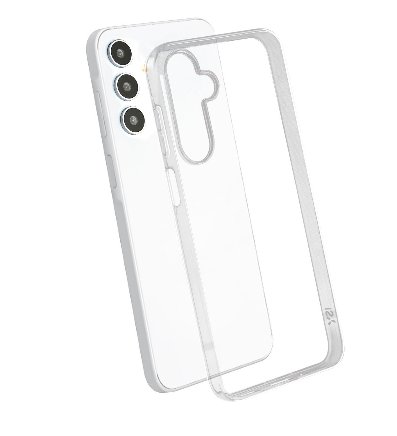 Un teléfono blanco con una funda transparente. La funda está separada del teléfono.