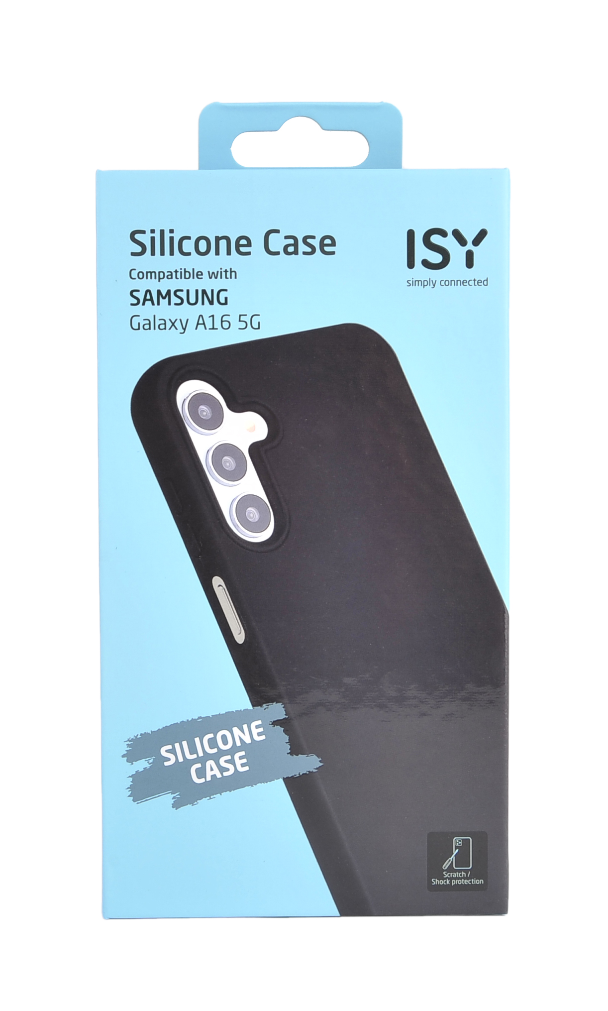 Funda de silicona negra para un teléfono Samsung Galaxy A16 5G, en una caja azul.