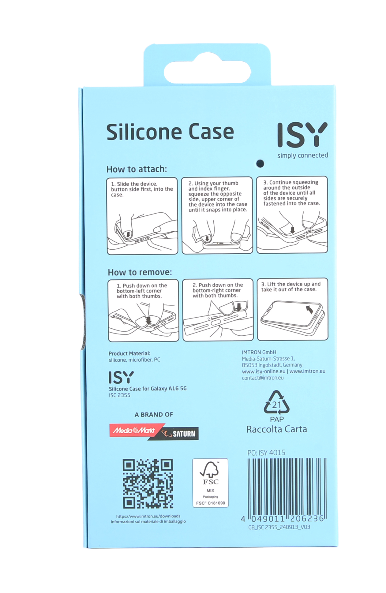 Embalaje de funda de silicona azul. Se muestran las instrucciones de fijación y desmontaje.