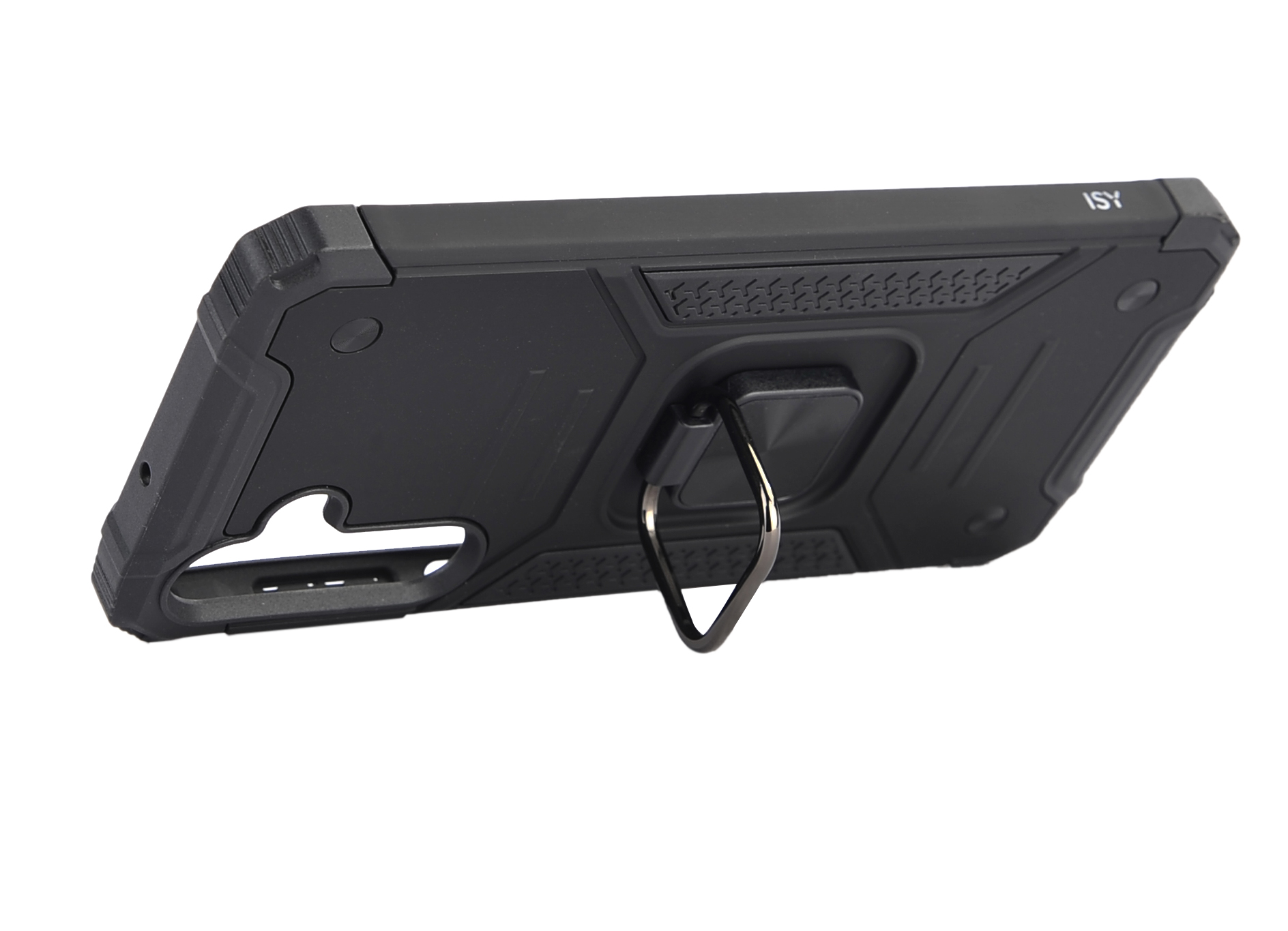 Una funda negra para teléfono con soporte de anillo.