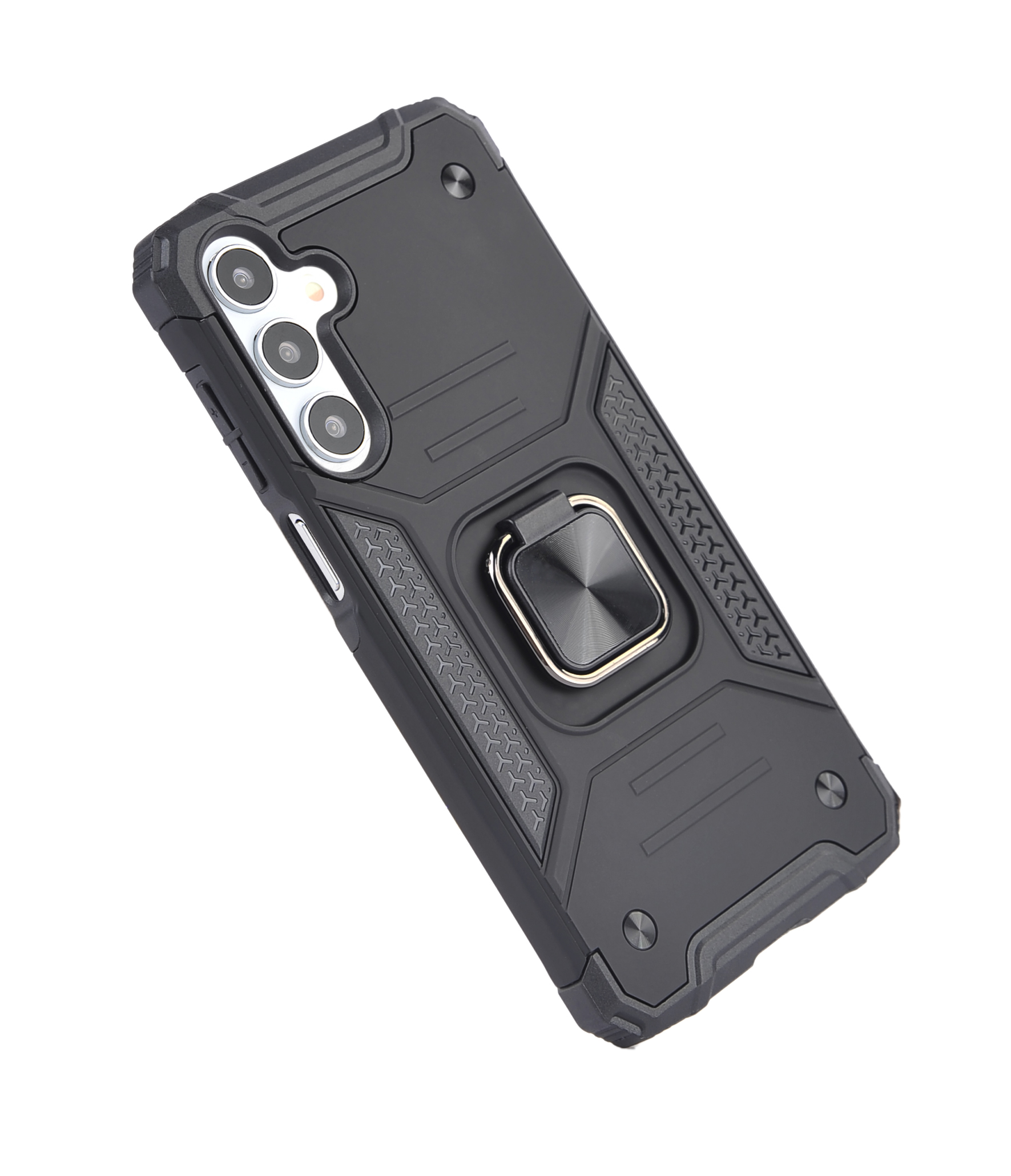 Funda de teléfono negra con soporte de anillo. Tiene un diseño texturizado y tres orificios para la cámara.