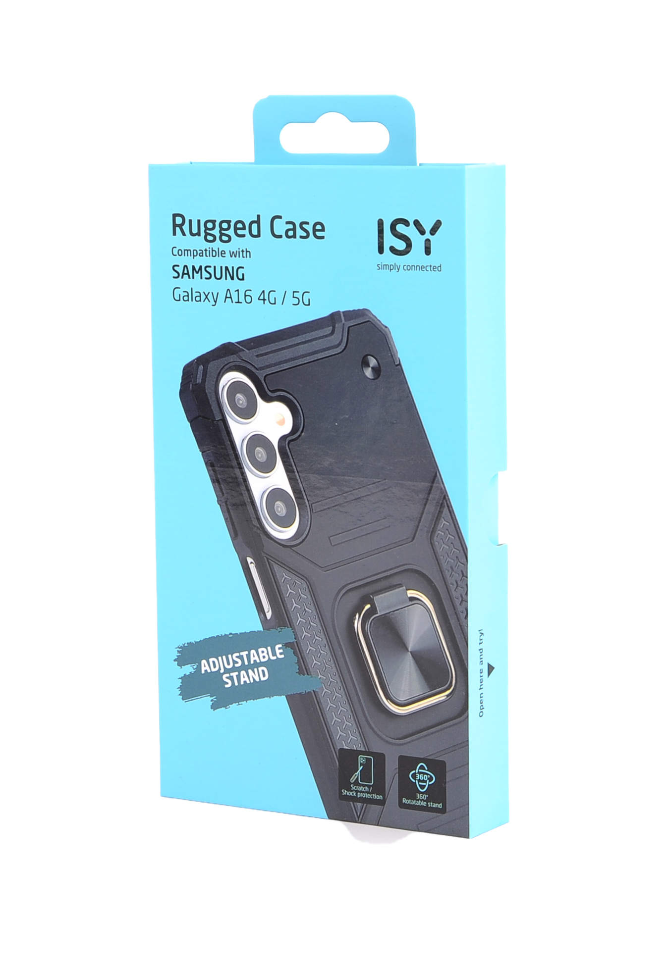 Una caja azul con una funda para teléfono dentro, con un soporte de anillo y soporte.