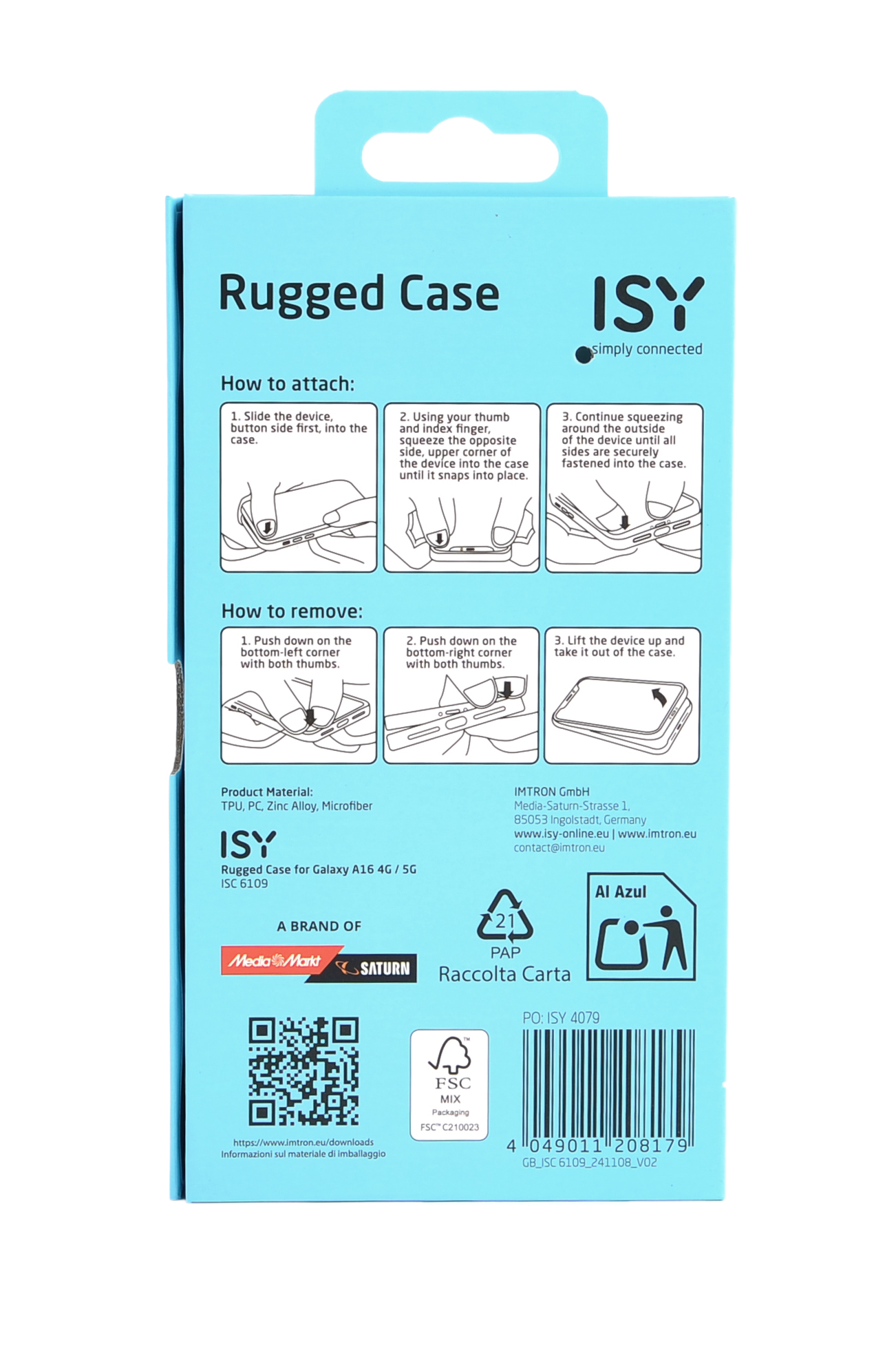 Parte trasera del embalaje de una funda de teléfono con instrucciones sobre cómo colocar y quitar la funda.