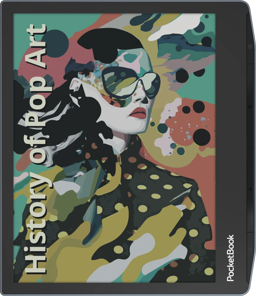 Un lector electrónico muestra a una mujer con gafas de sol y un top de lunares, con el texto 'History of Pop Art'.