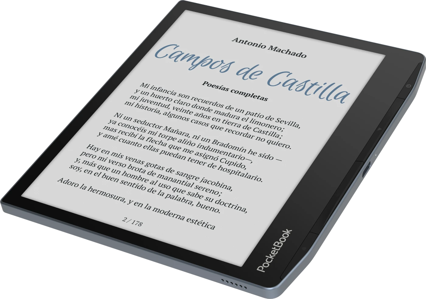 Un lector de libros electrónicos PocketBook que muestra una página de un poema en español, en ángulo sobre una superficie.